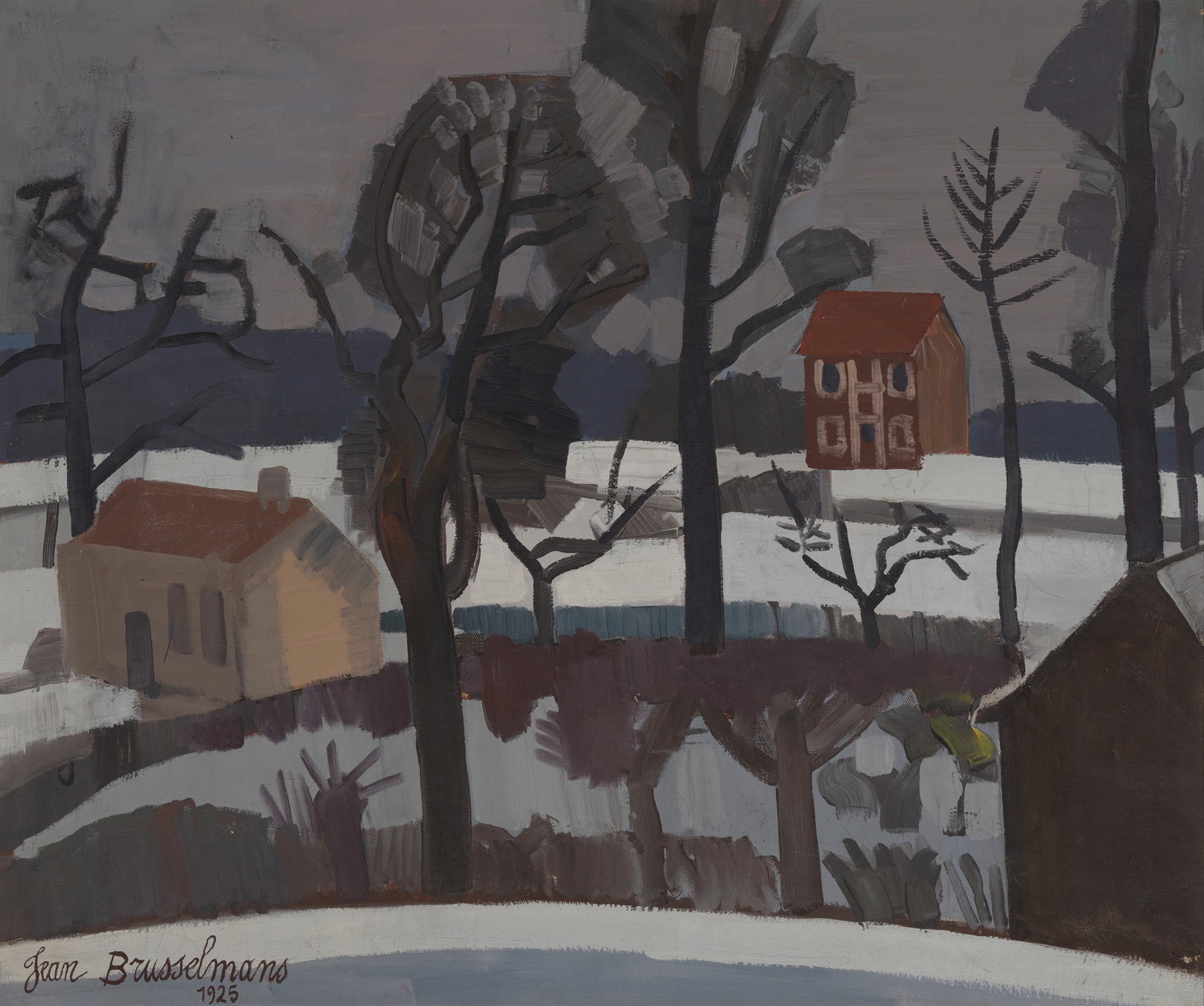 Winterlandschap by Jean Brusselmans, oil on canvas depicting a tranquil snow-covered landscape