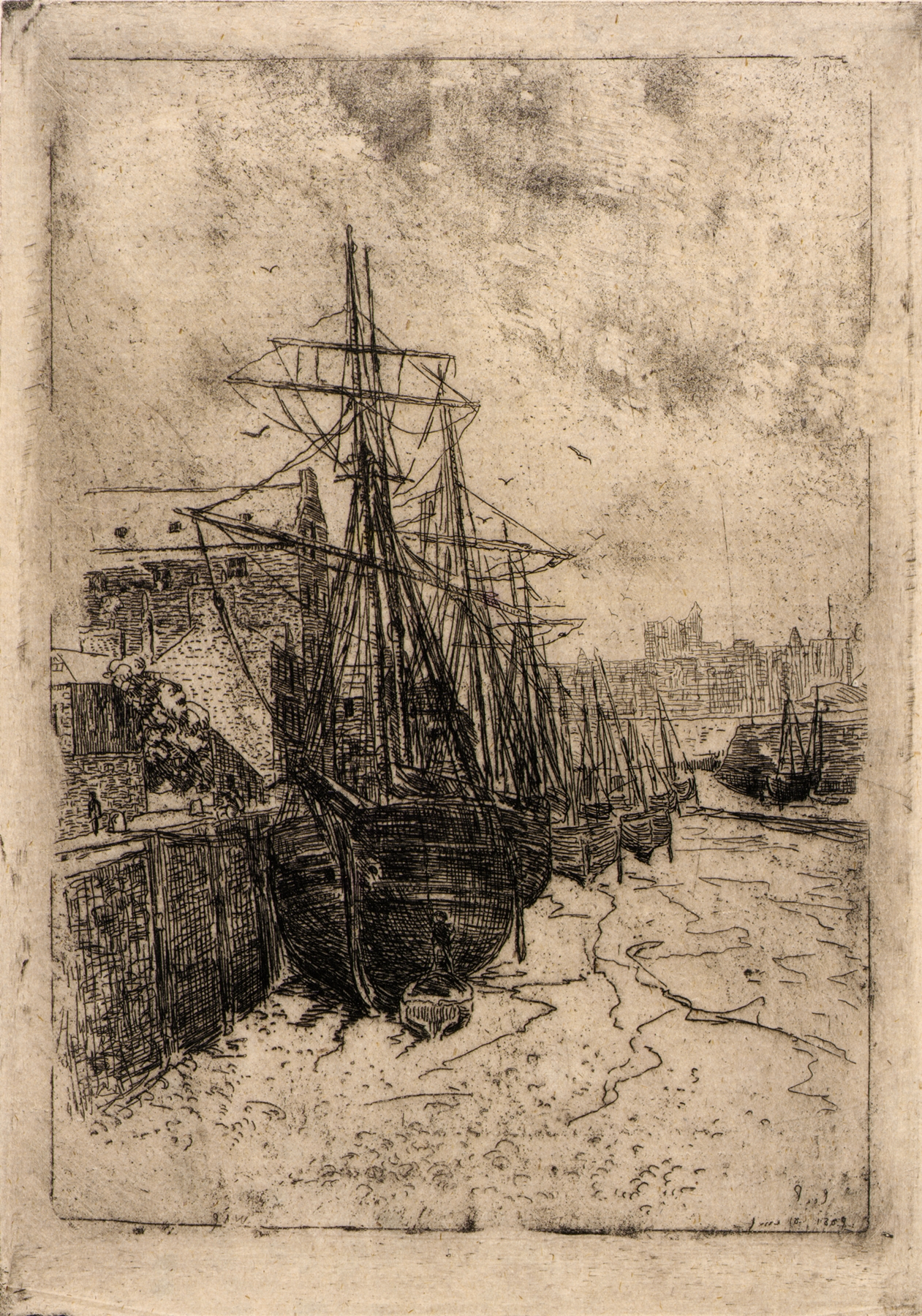 Boats at Low Tide–Isle of Man by Julian Alden Weir, oil painting depicting boats on cracked land.
