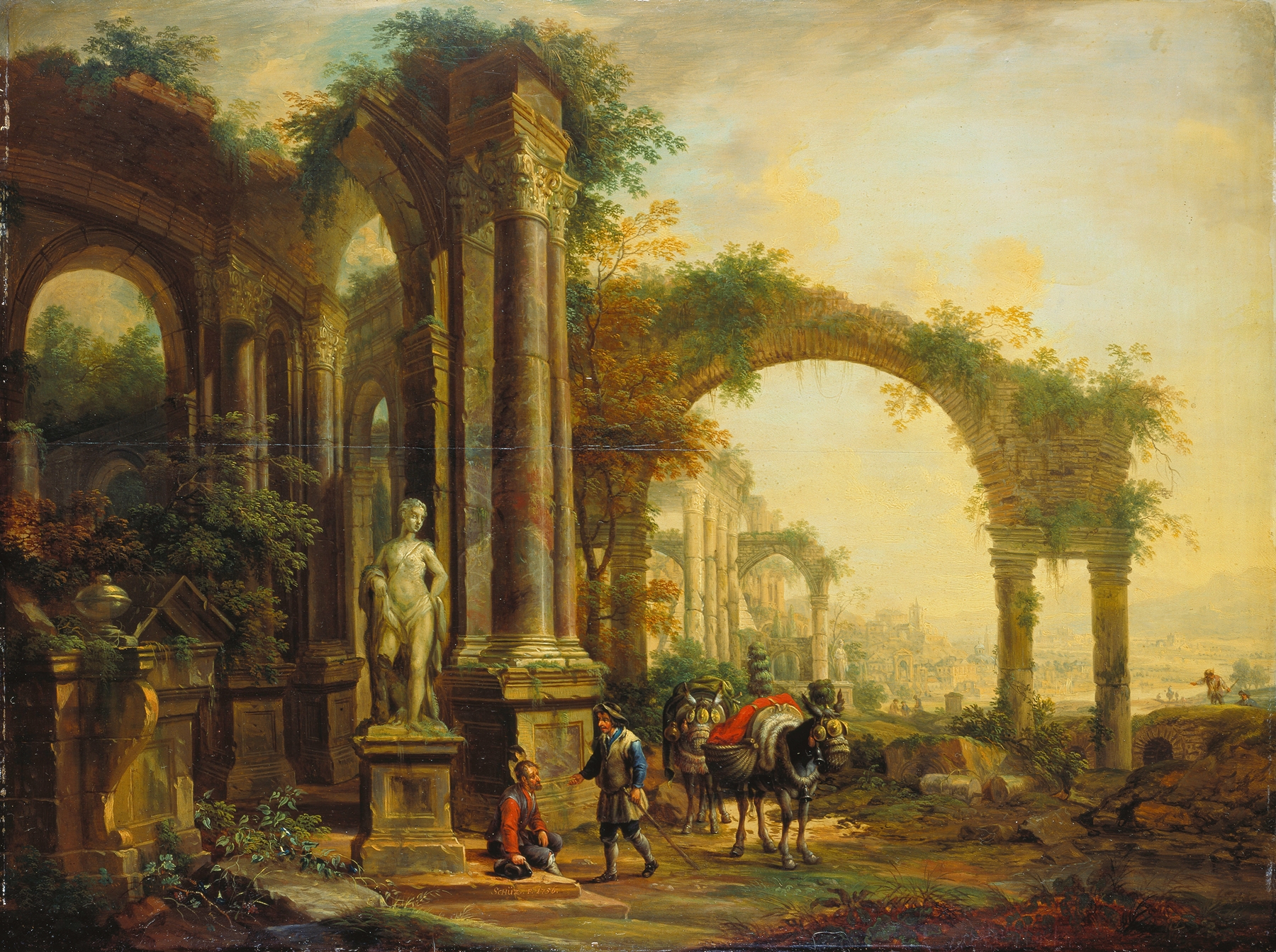 Landscape with ancient ruins and two pack mules, oil on canvas by Christian Georg Schütz the elder