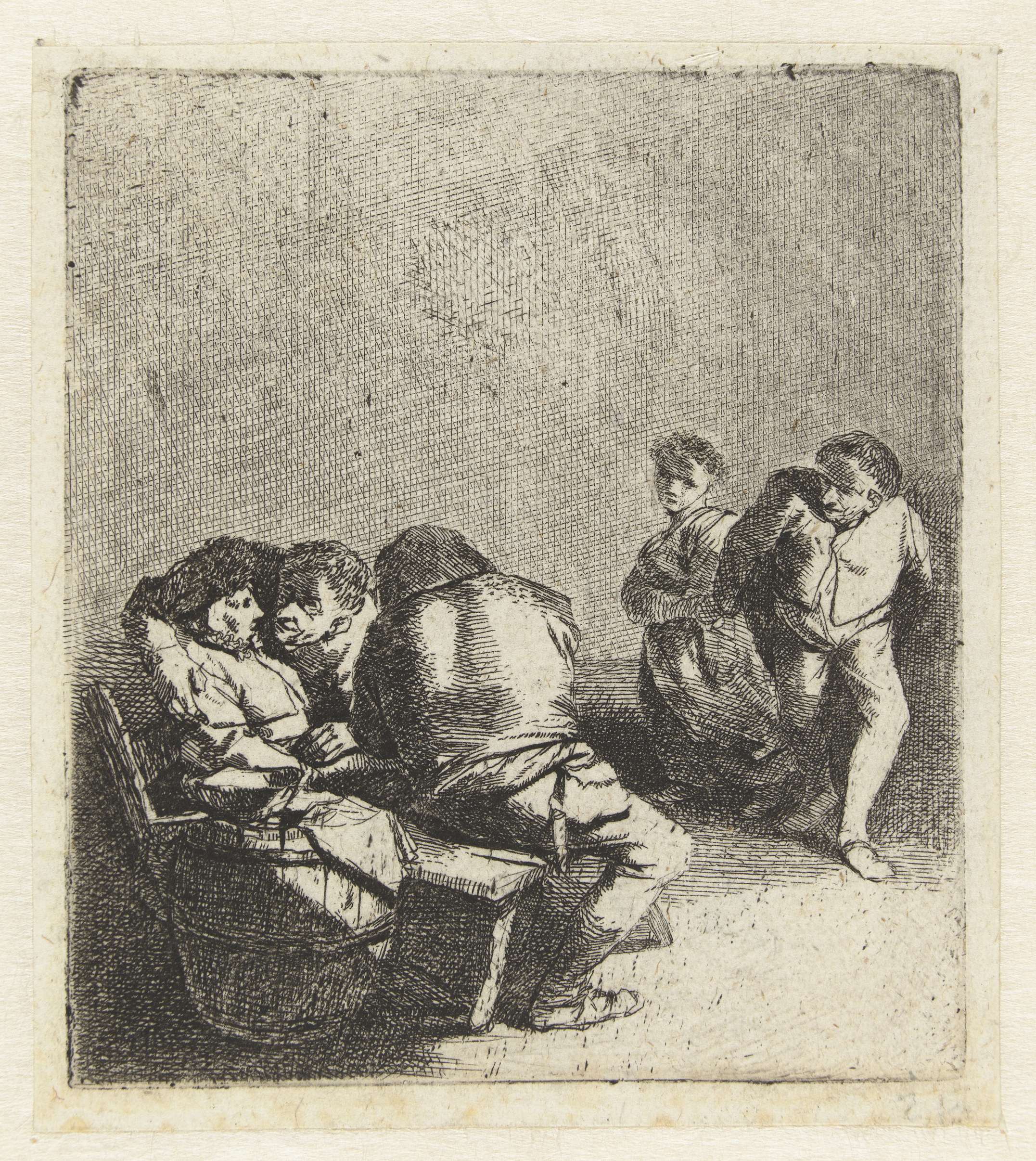 Etching by Cornelis Pietersz. Bega showing a dancing couple and seated figures.