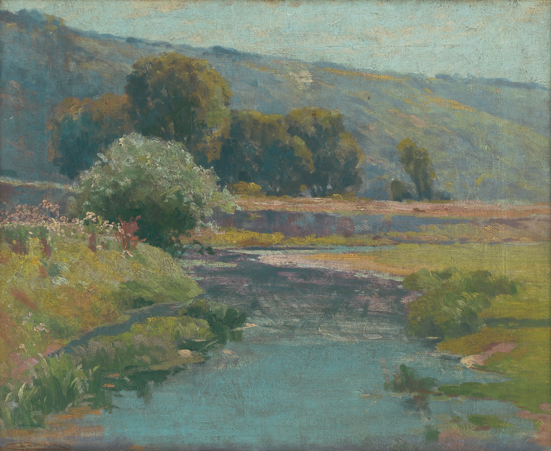 Landscape with a flooded stream by Ľudovít Čordák, oil painting depicting a vibrant river scene