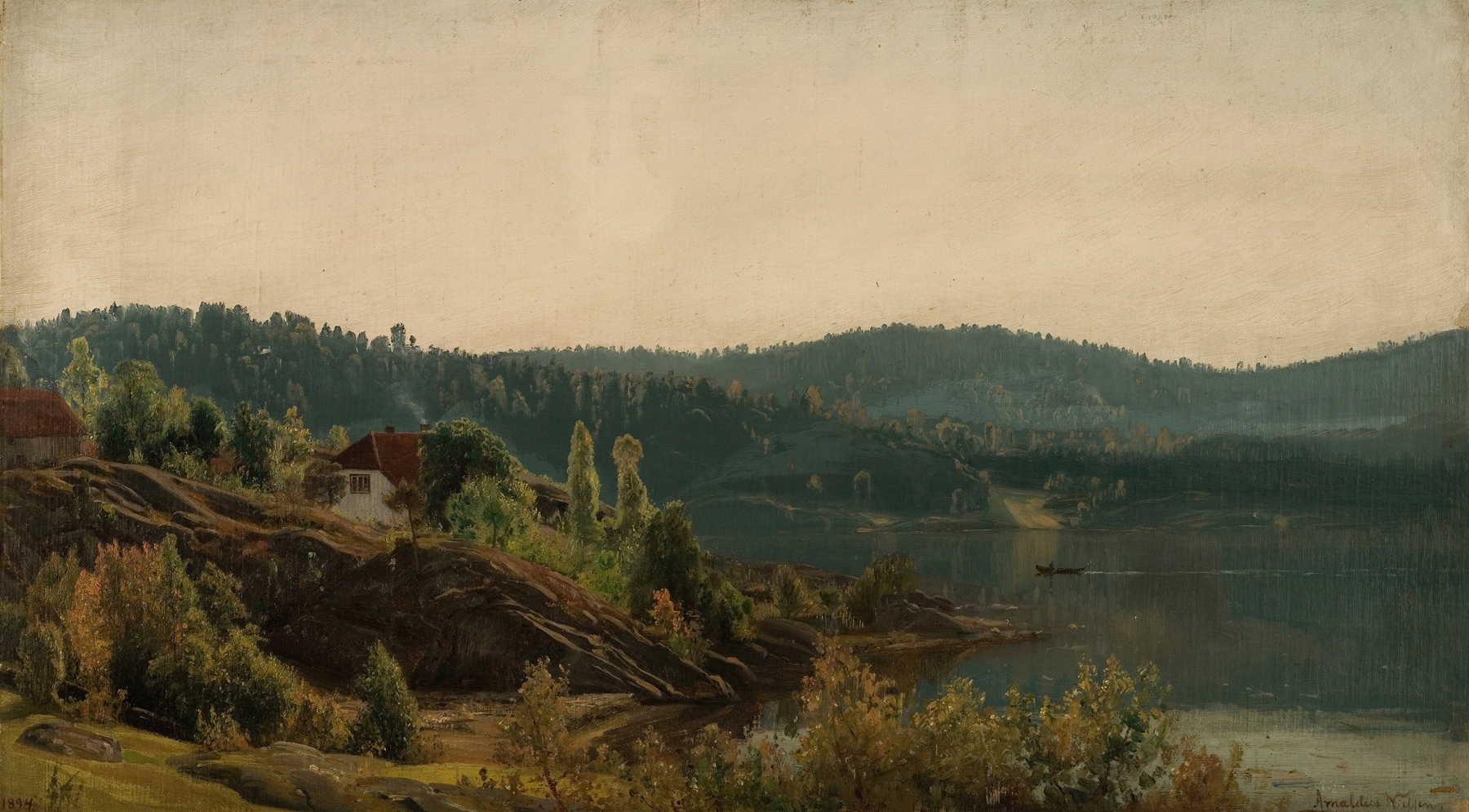 Landscape with gentle waves and mountains, oil on canvas by Amaldus Nielsen