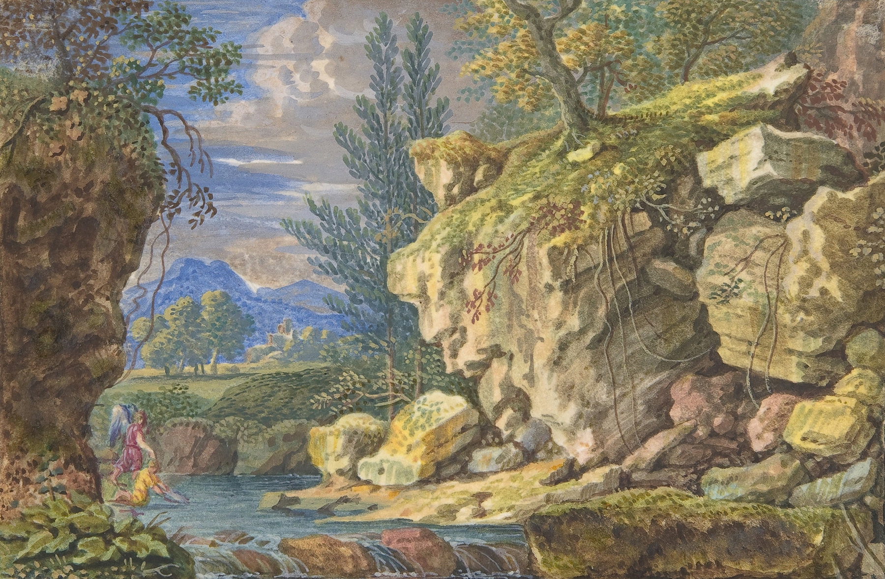 Landscape with Tobias and the Angel by Felix Meyer, oil on canvas, depicting Tobias and an angel by a river.