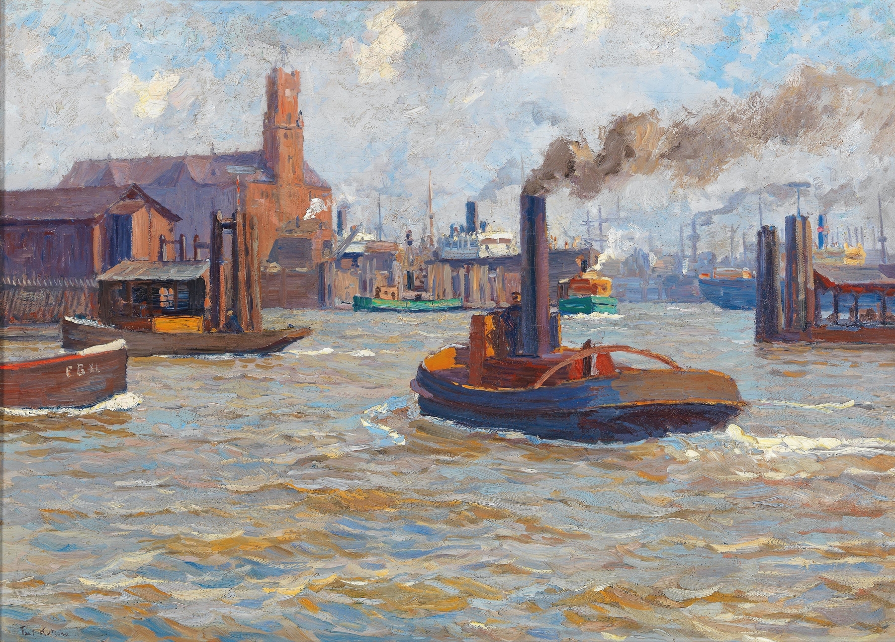 Marine scene depicting a harbor with ships, oil on canvas by Paul Kutscha