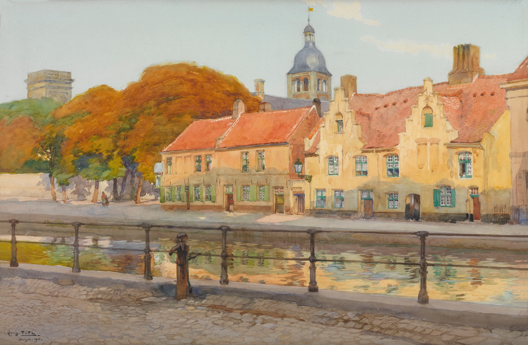 Landscape oil painting by Louis Titz depicting a canal in Bruges with reflections and historic buildings.