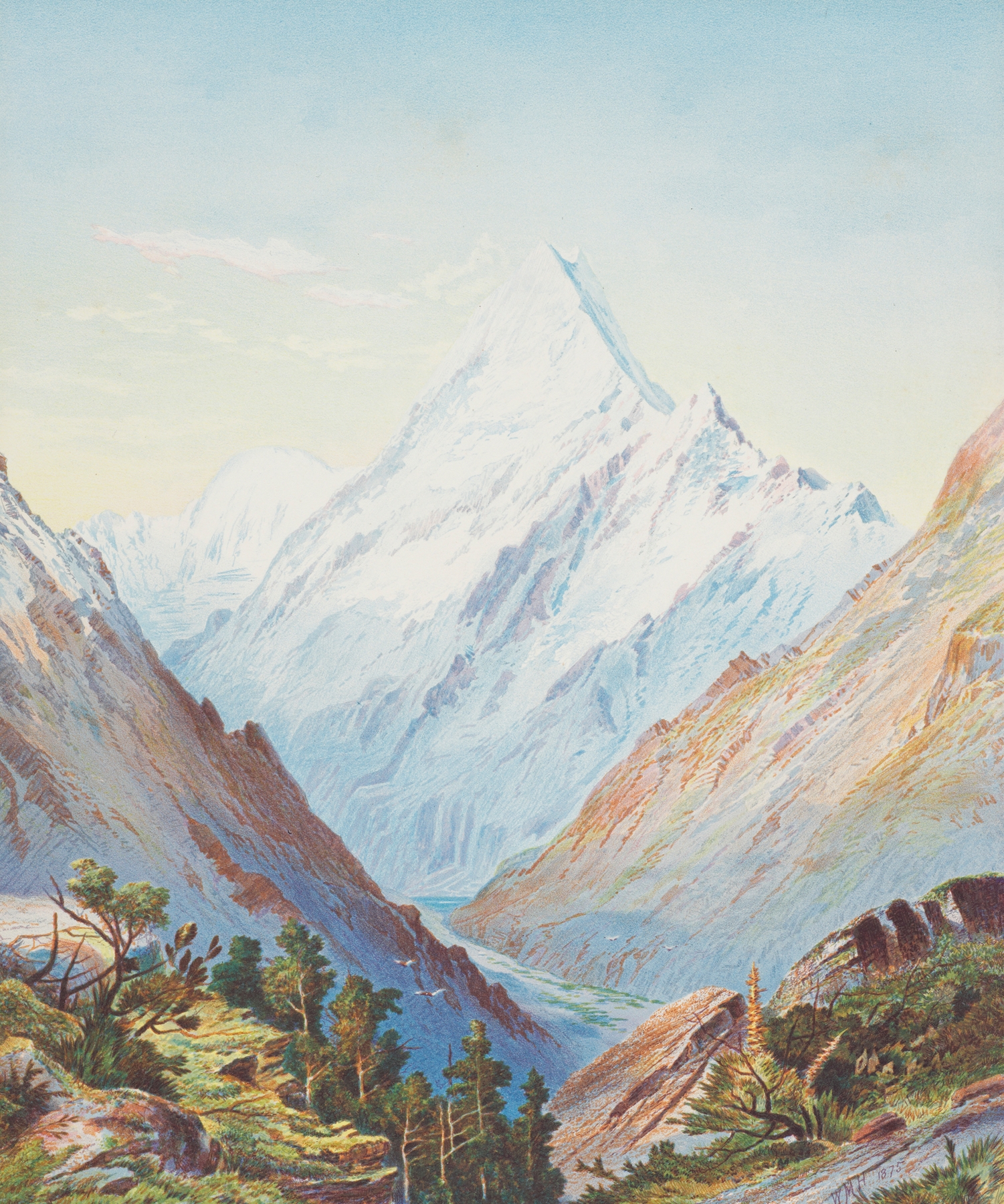Mount Cook by William Mathew Hodgkins, oil on canvas depicting a mountain under a stormy sky