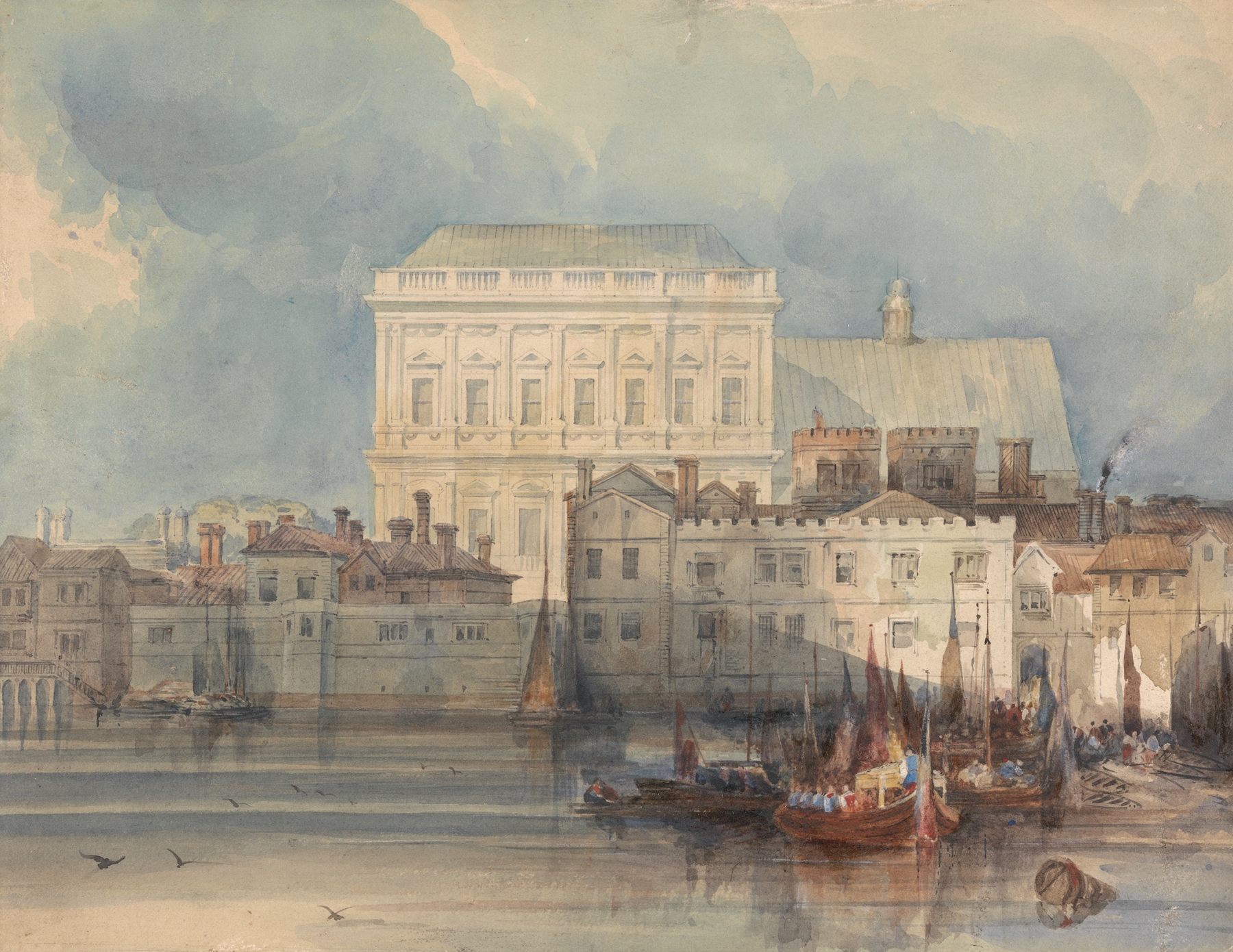 The Banqueting House, Whitehall by George Shepheard, depicting a riverside landscape in 1810.