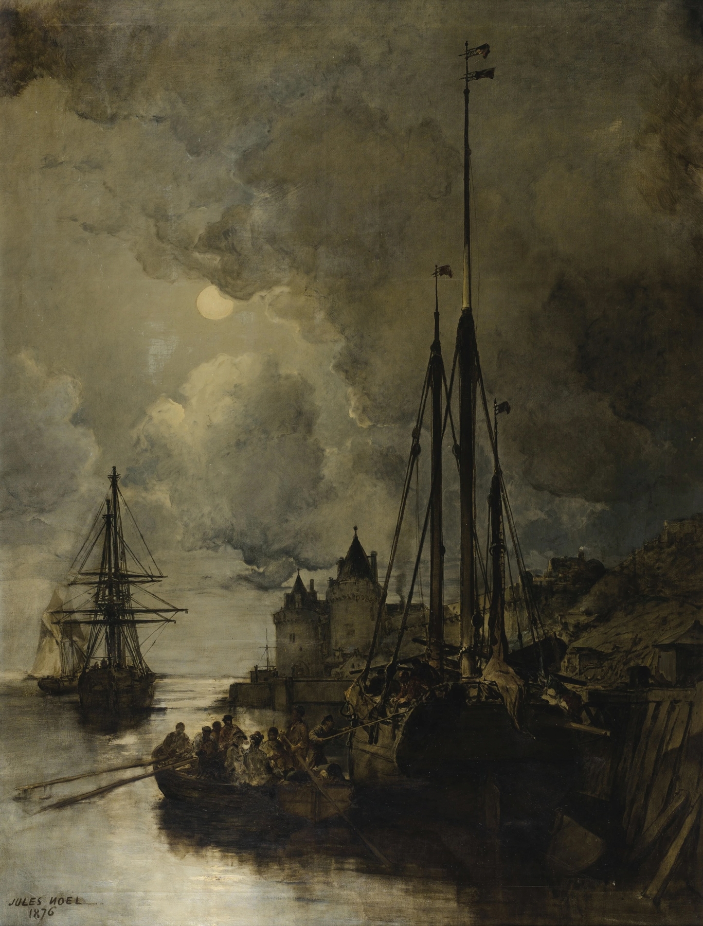 Seaside village at night with moonlight, oil on canvas by Jules-Achille Noël