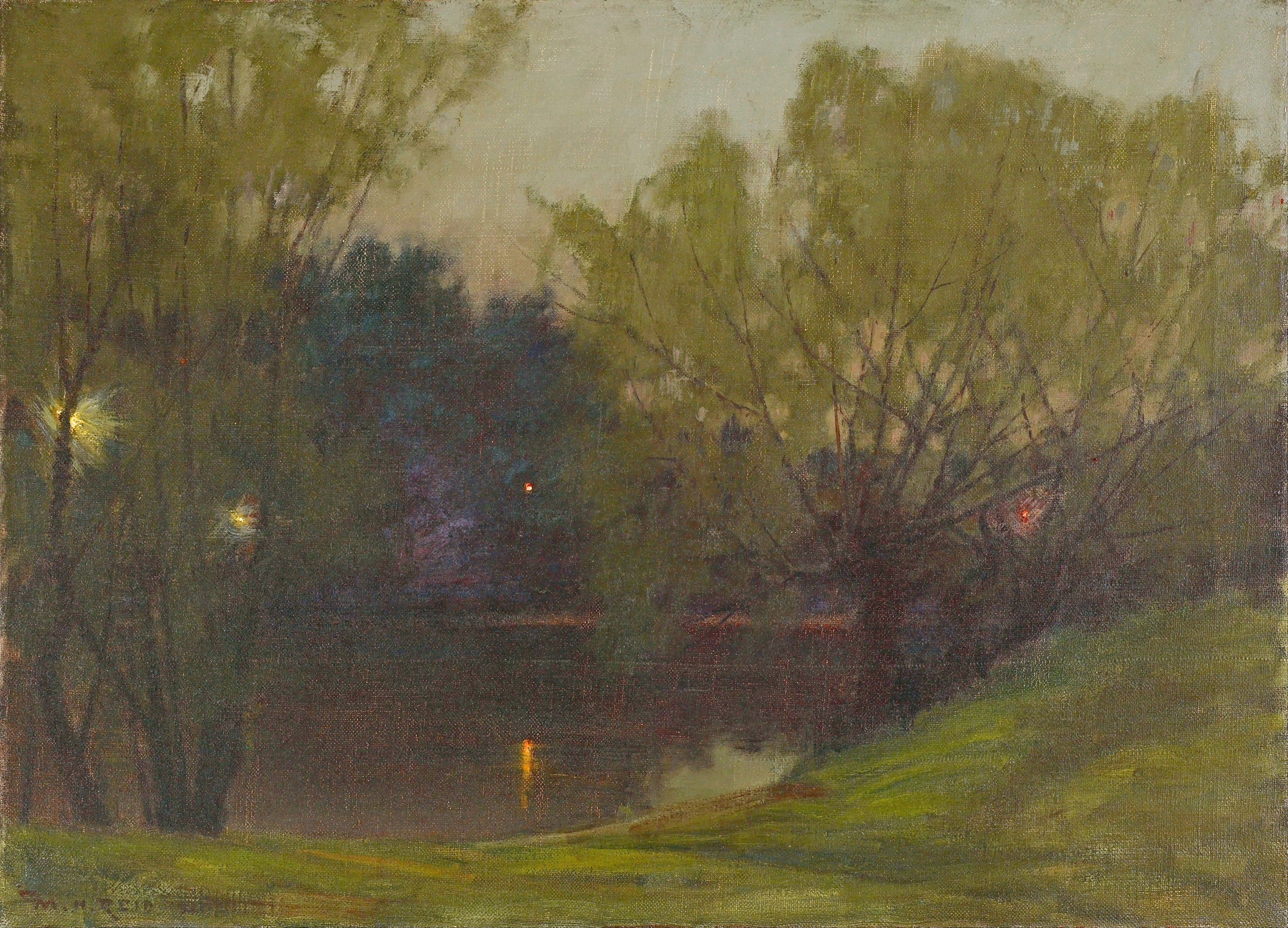 Twilight landscape with trees and shadows, oil on canvas by Mary Hiester Reid