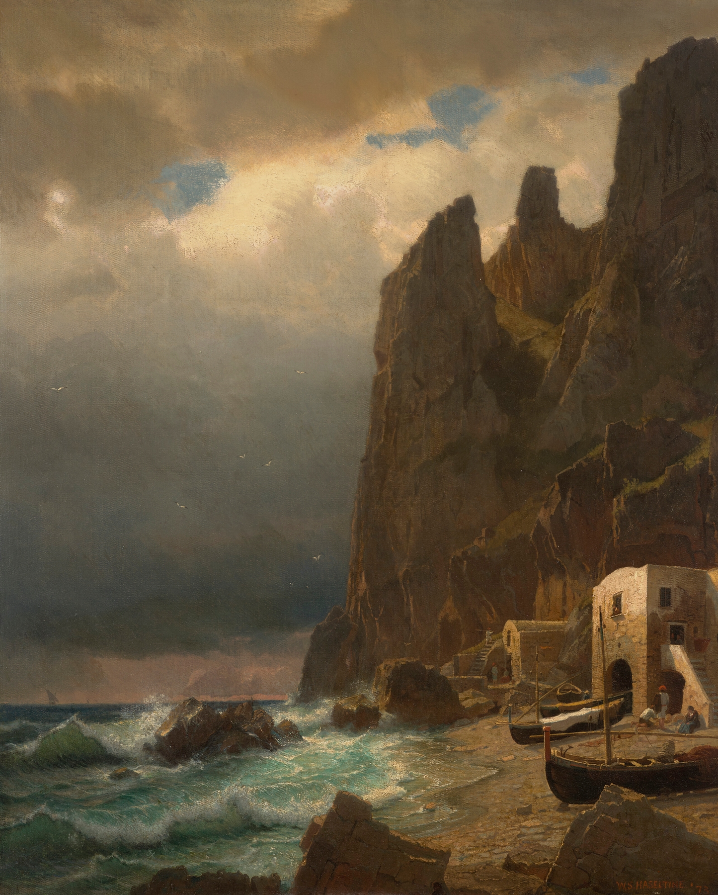 Coast of Capri by William Stanley Haseltine, oil painting of a serene coastal landscape.