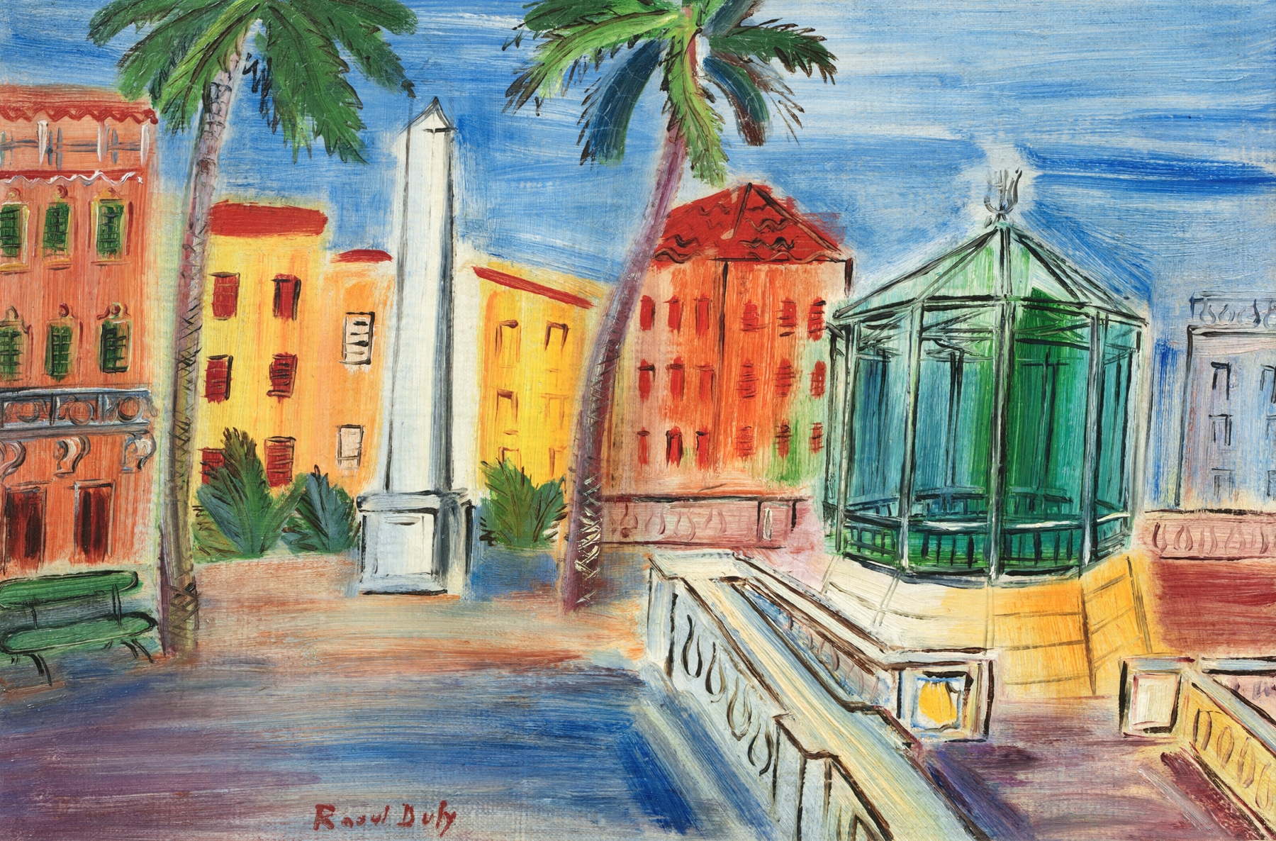 La Place d’Hyères, L’Obélisque et le kiosque à musique, by Raoul Dufy, public domain