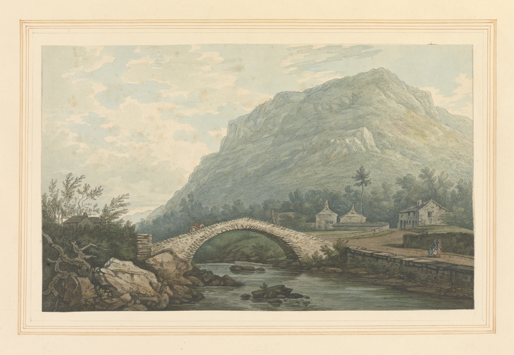 View of Bridge & Village of Rydal by Joseph Farington, oil on canvas depicting a tranquil river and village.