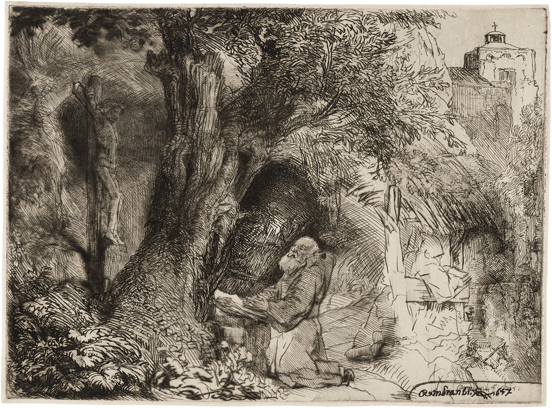 Saint Francis prays beneath a tree in this serene painting by Rembrandt.