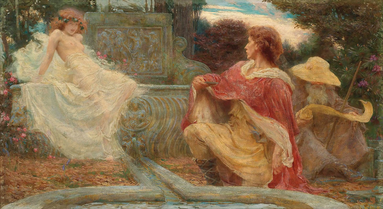 Herbert James Draper's 'The Spirit Of The Fountain' depicts a serene water nymph surrounded by nature.