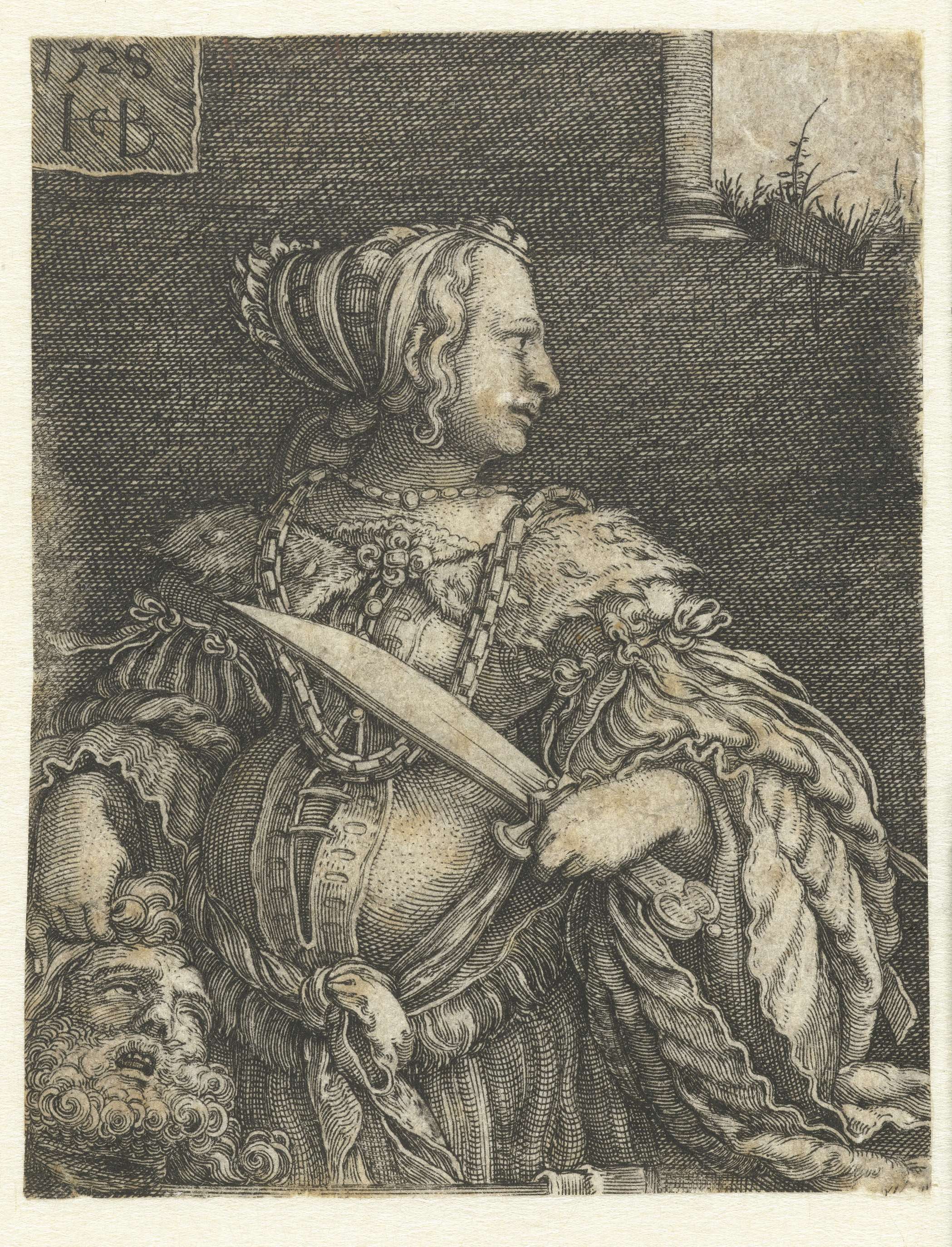 Engraving by Jacob Binck depicting Judith holding Holofernes' head