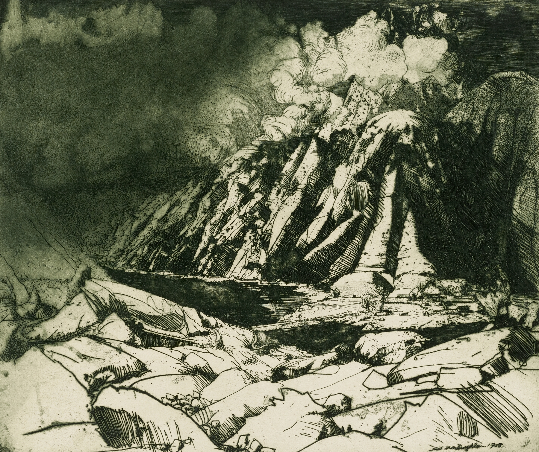 Landscape oil painting by Donald Shaw MacLaughlan featuring mountains and dramatic light.