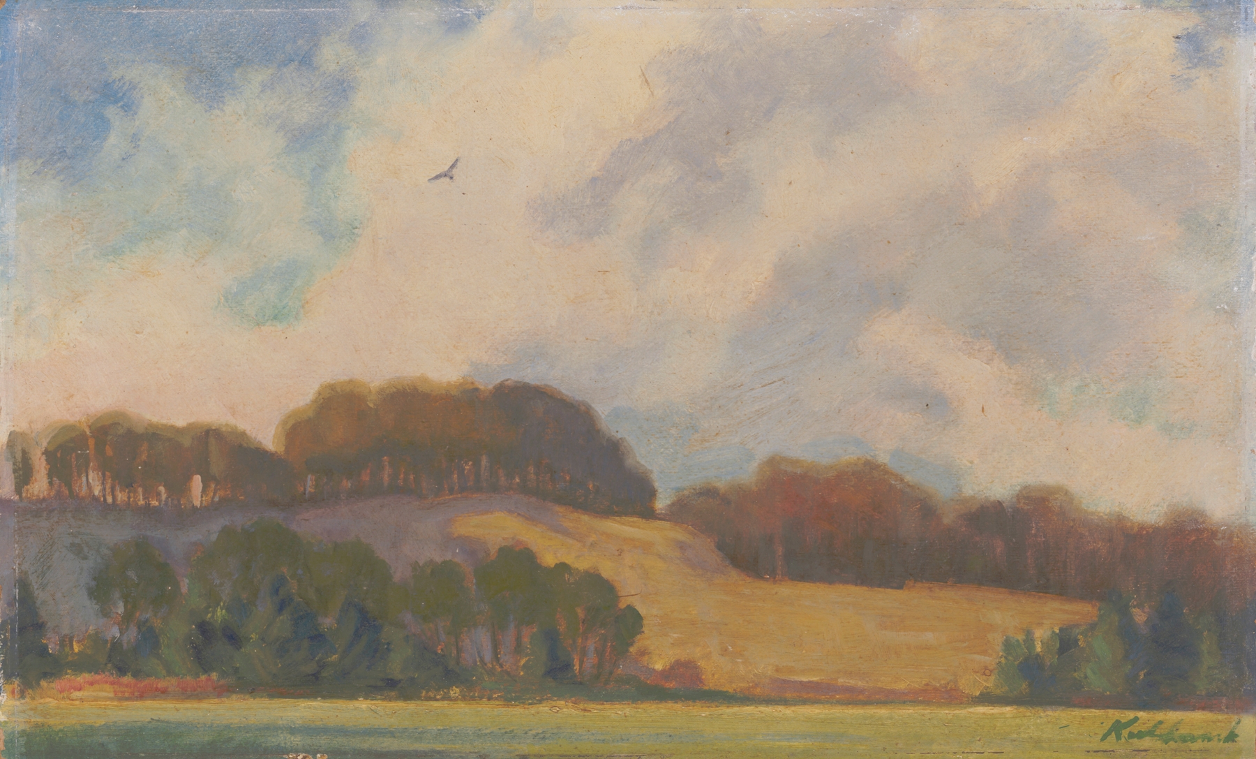 Modernism landscape by James C. Kulhanek depicting a river and trees in Rocky River Valley