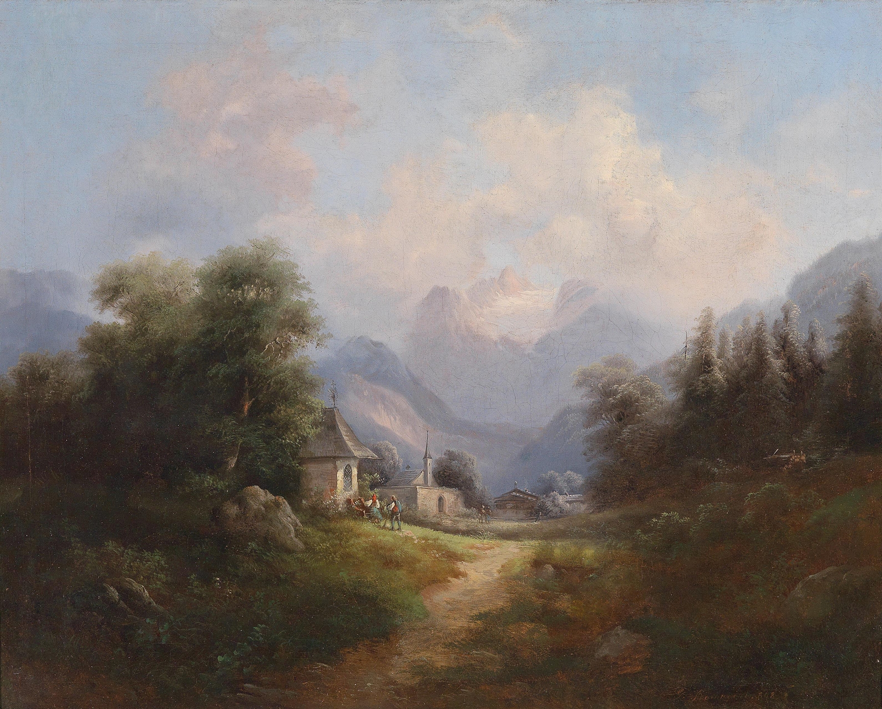 Landscape featuring a valley and mountains by Gustav Barbarini, oil painting
