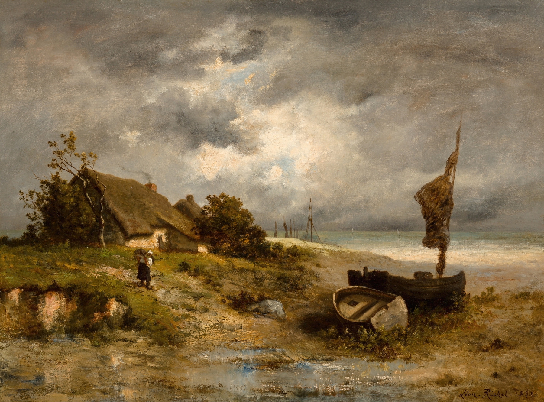 A farmhouse by the sea, oil painting by Leon Richet, featuring soft hues and golden light.