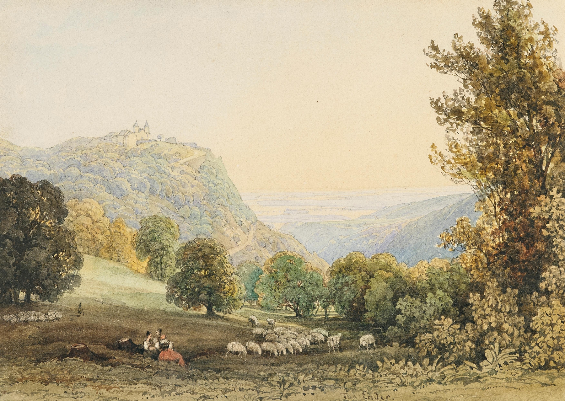 View of Leopoldsberg with resting women and sheep in the foreground, by Thomas Ender, public domain