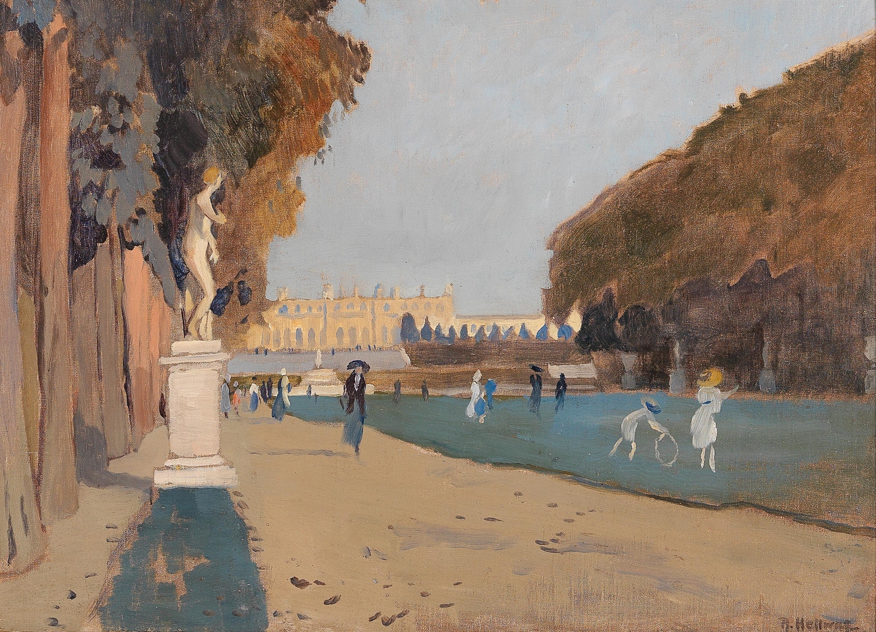 Landscape depicting a palace grounds with trees and light, by Rudolf Hellwag