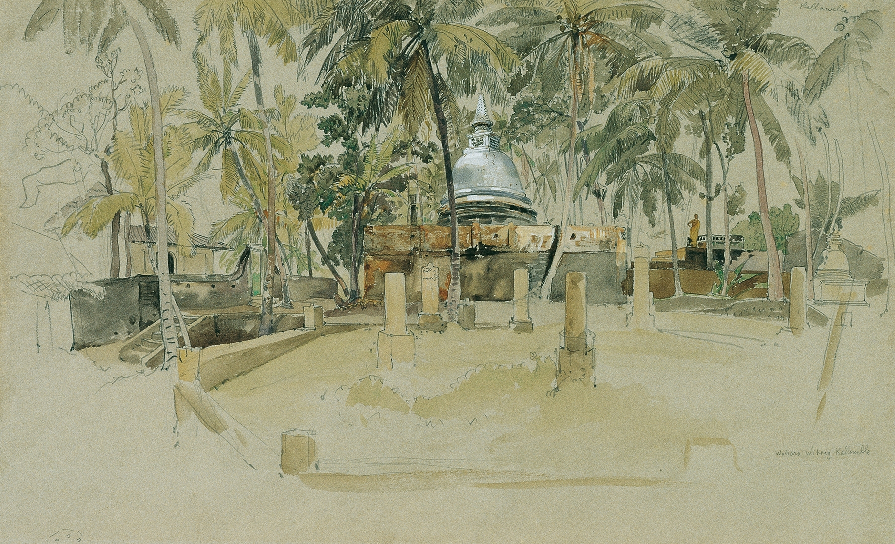Buddhistischer Tempel auf Ceylon by Joseph Selleny, oil painting depicting a temple in golden light