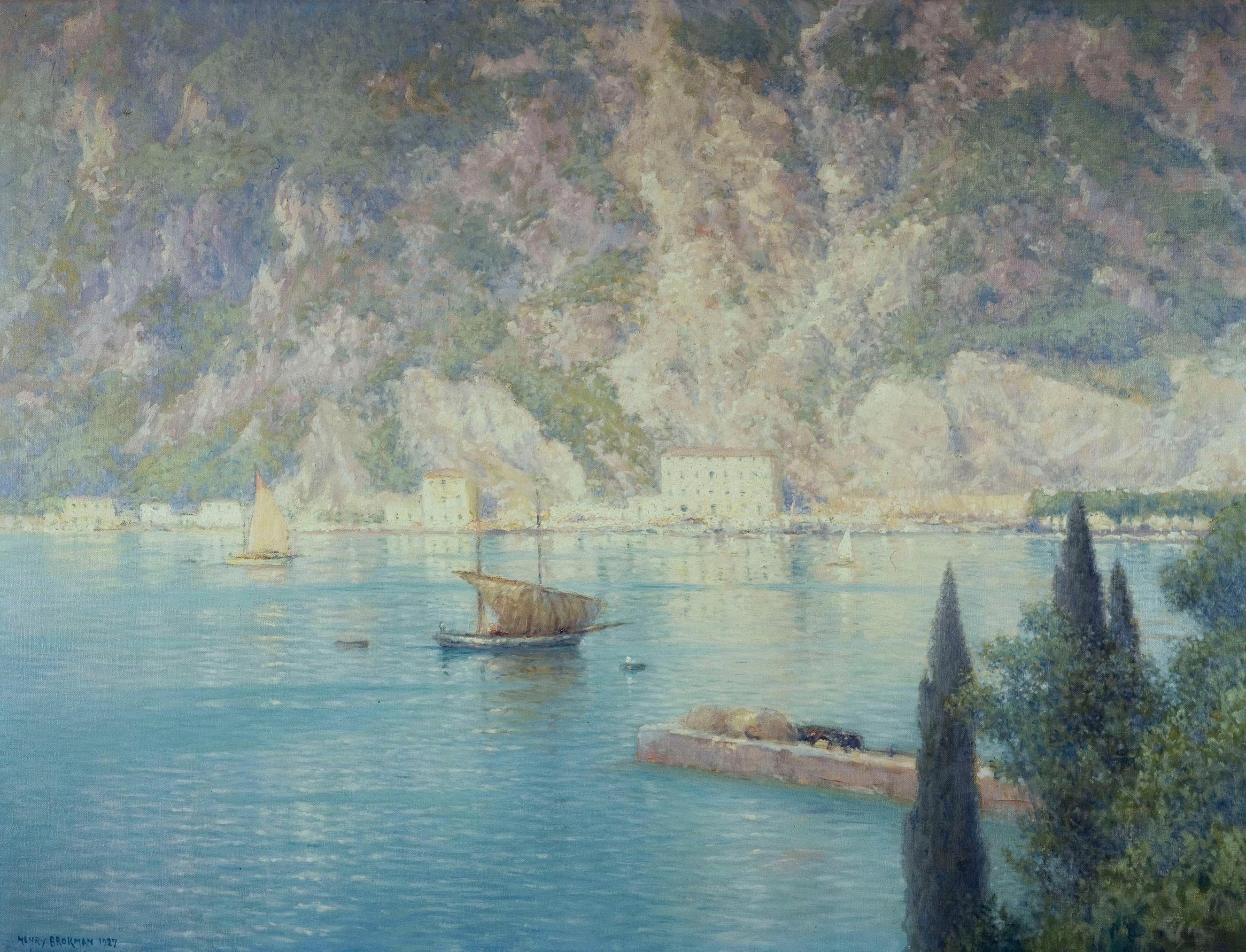 Port De Riva by Henry Brokman, oil on canvas depicting a harbor with boats and sunlight.