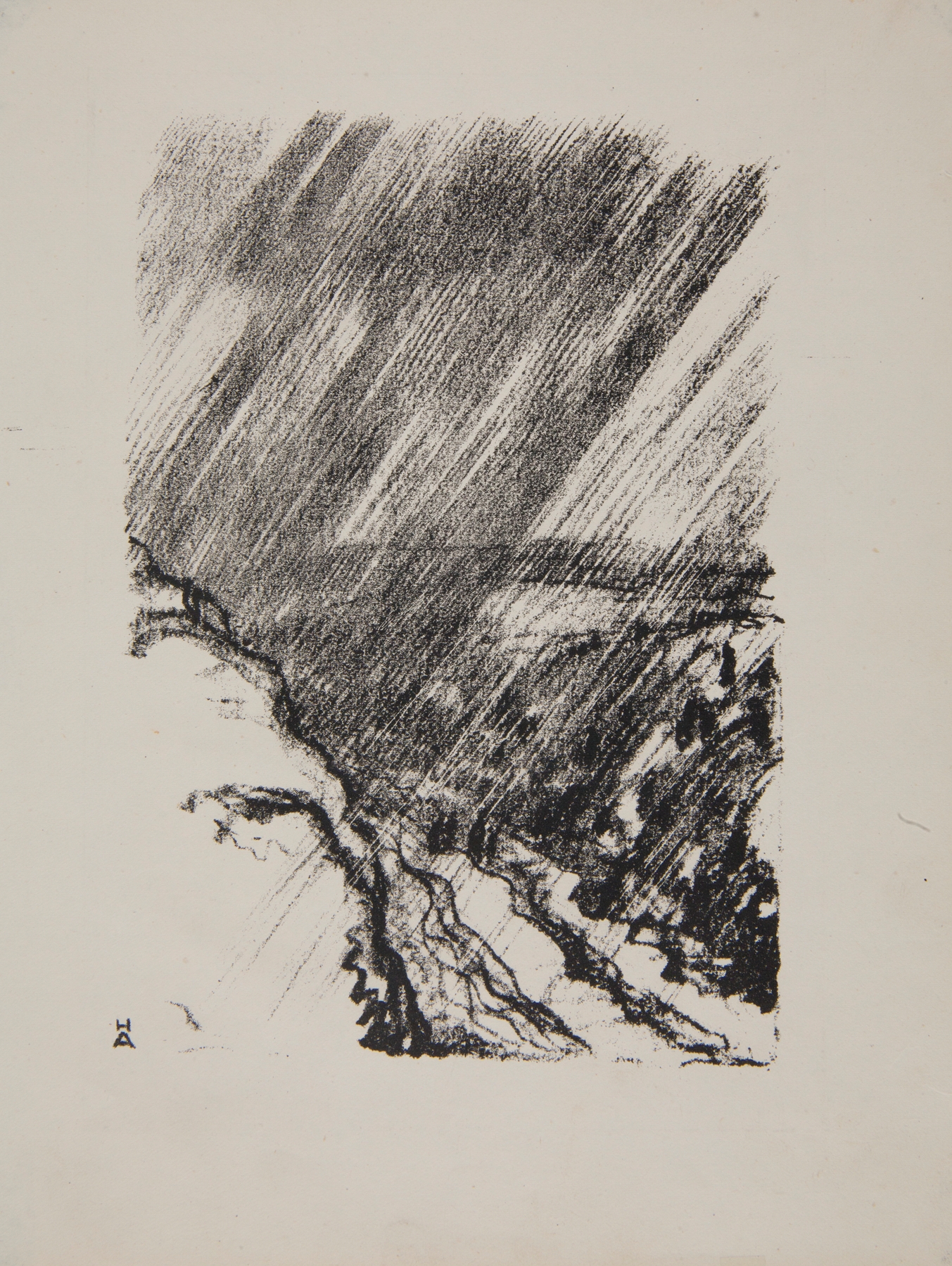 Ulewa by Hanns Anker, depicting figures in twilight with soft light filtering through foliage.