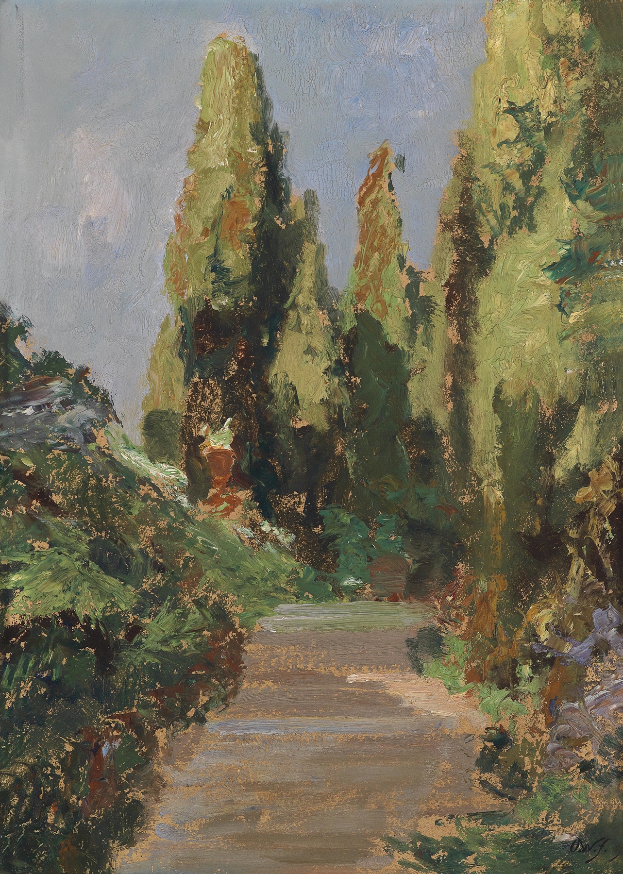 Oil painting by Olga Wisinger-Florian featuring lush greenery and towering trees.
