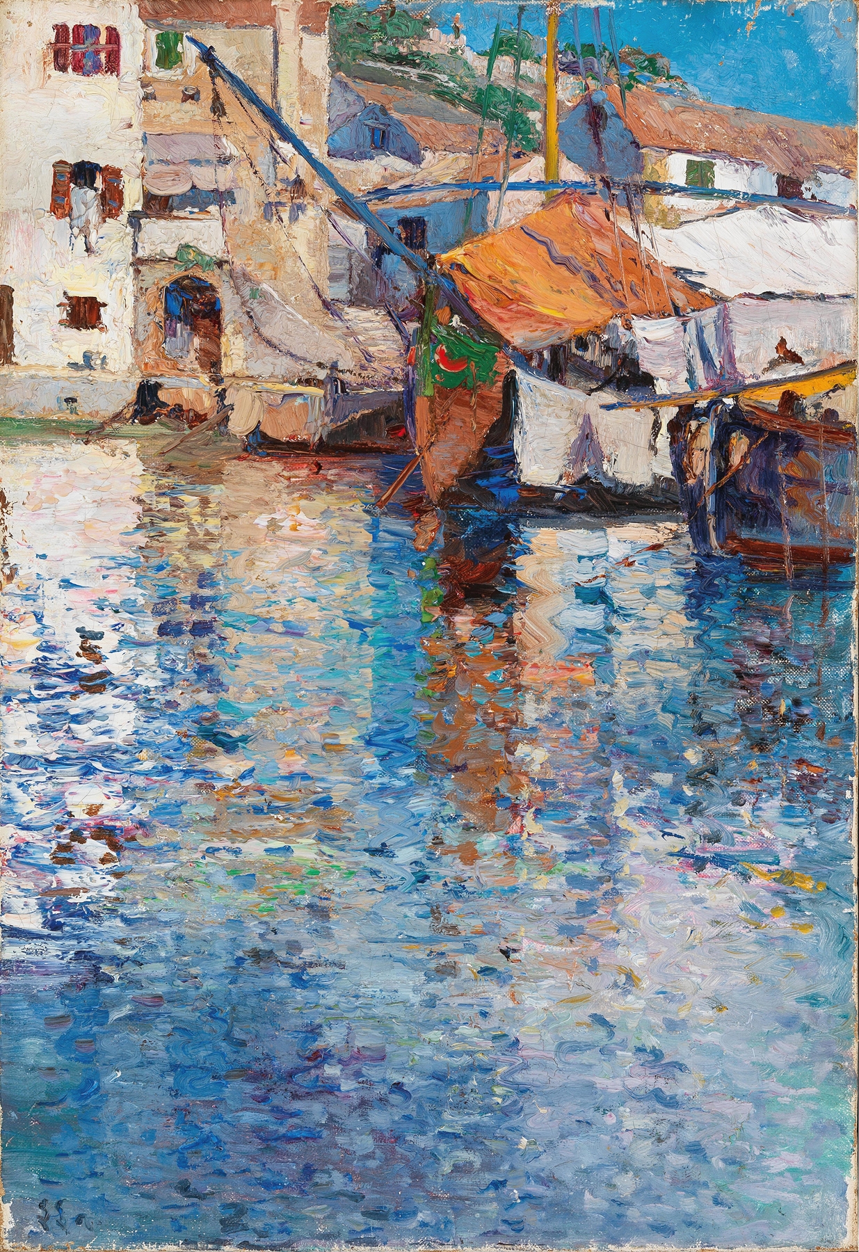 A Sunny Day in the Old Harbour by Leontine von Littrow, impressionism, depicting boats in a sunlit harbor.