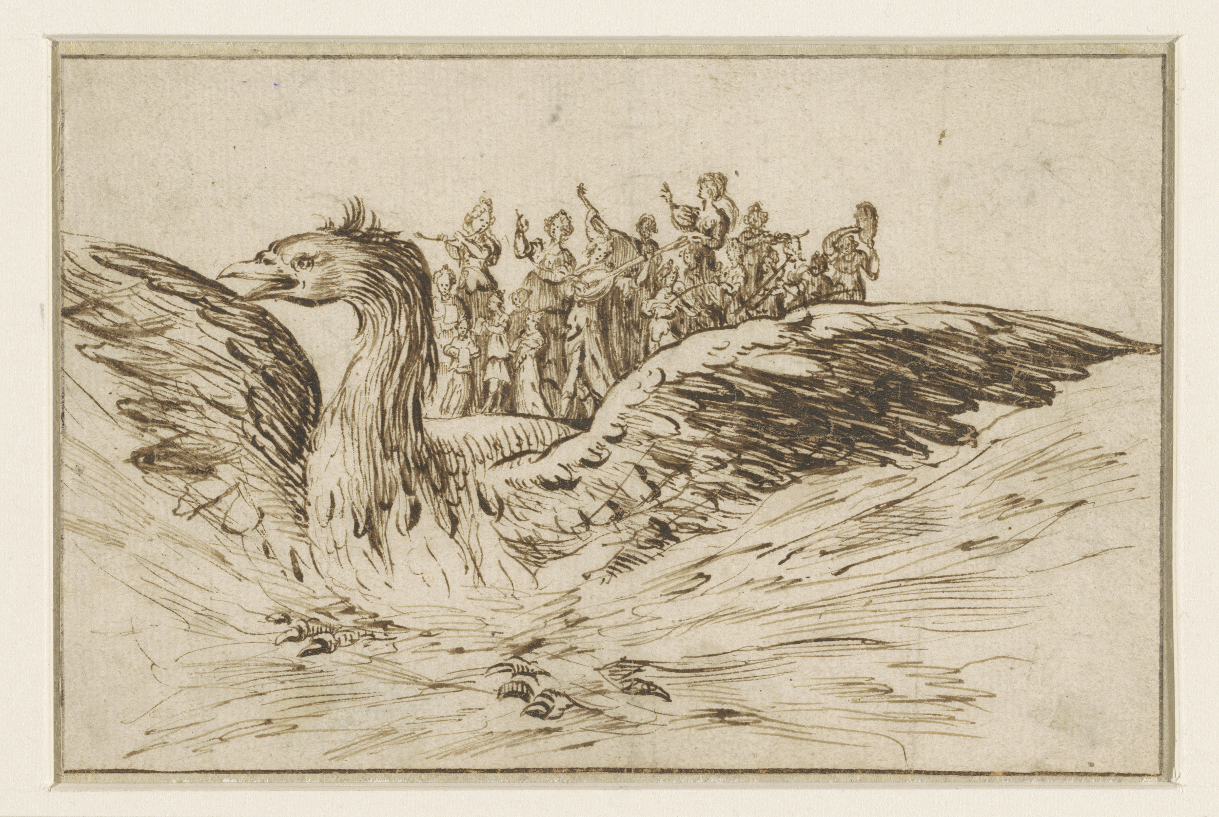 Genre scene with musicians on a large bird, Unknown Artist, oil painting