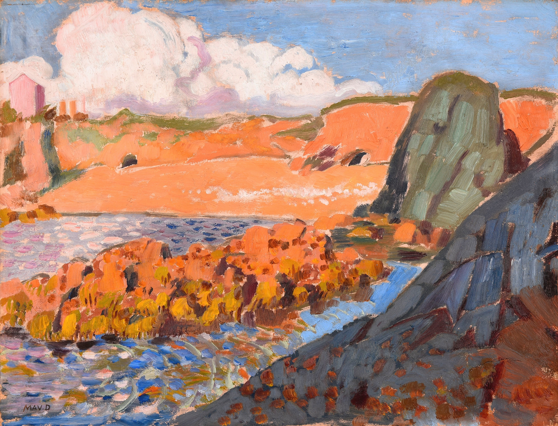 La plage rouge by Maurice Denis, oil on canvas depicting a couple in a vibrant landscape.