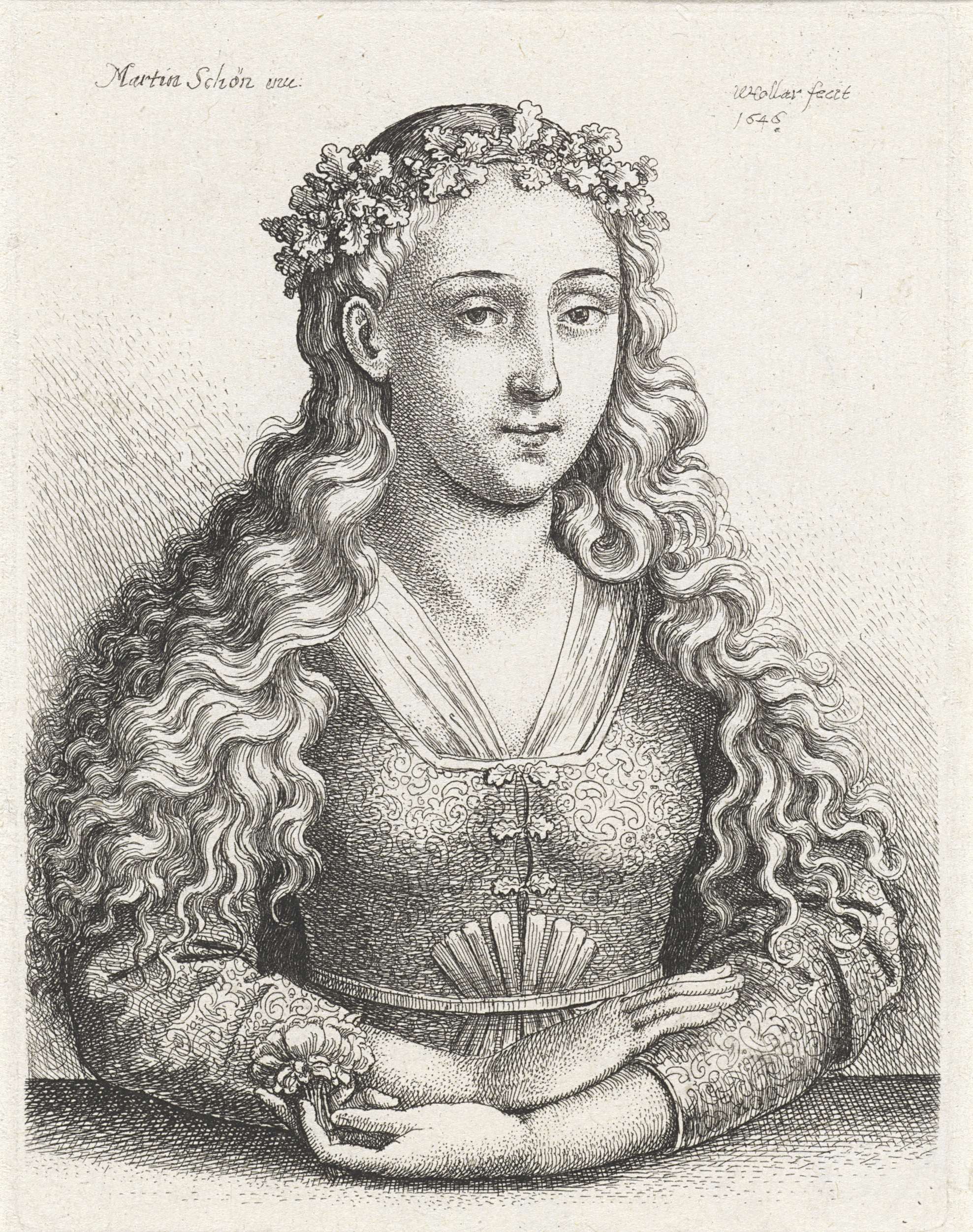 Portrait of a woman with a flower and oak leaf laurel, etching by Wenceslaus Hollar