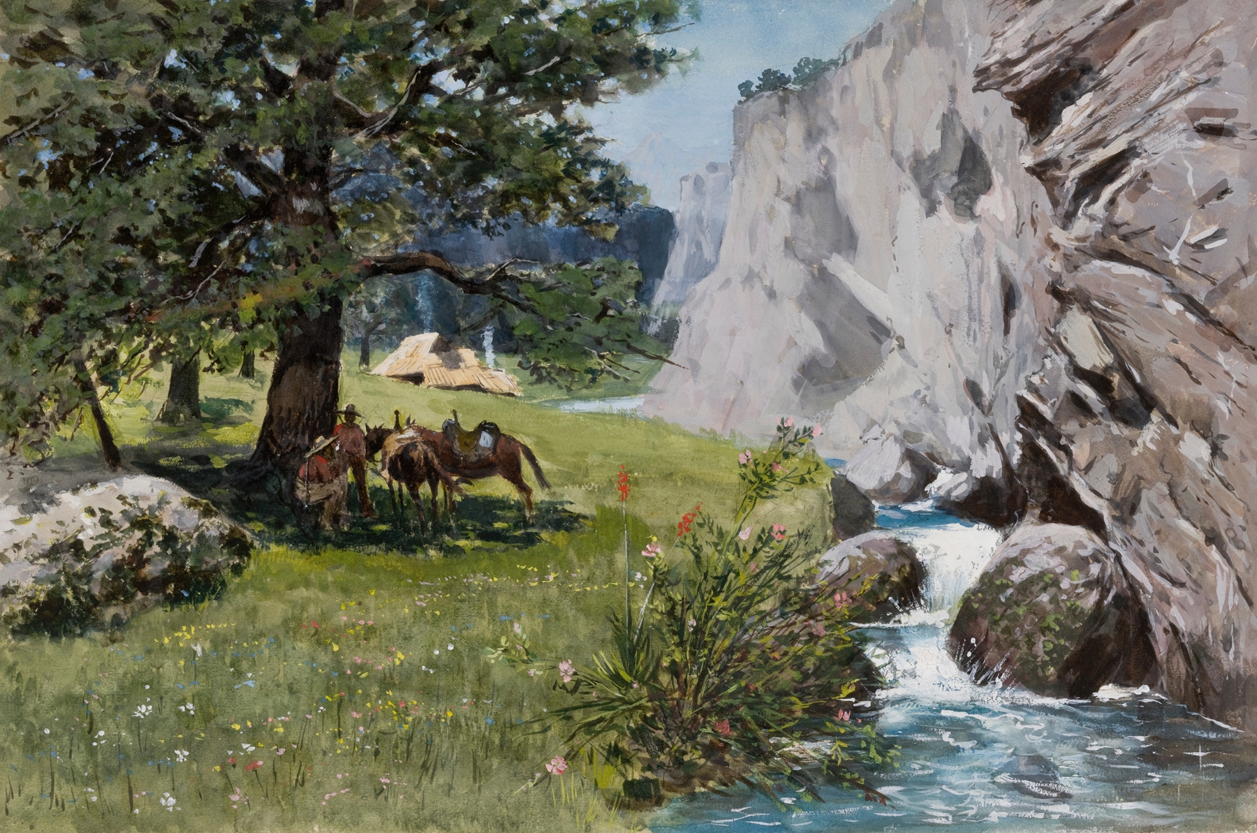 Rest under Rocks by Stanisław Witkiewicz, figurative oil painting of figures resting under rocks
