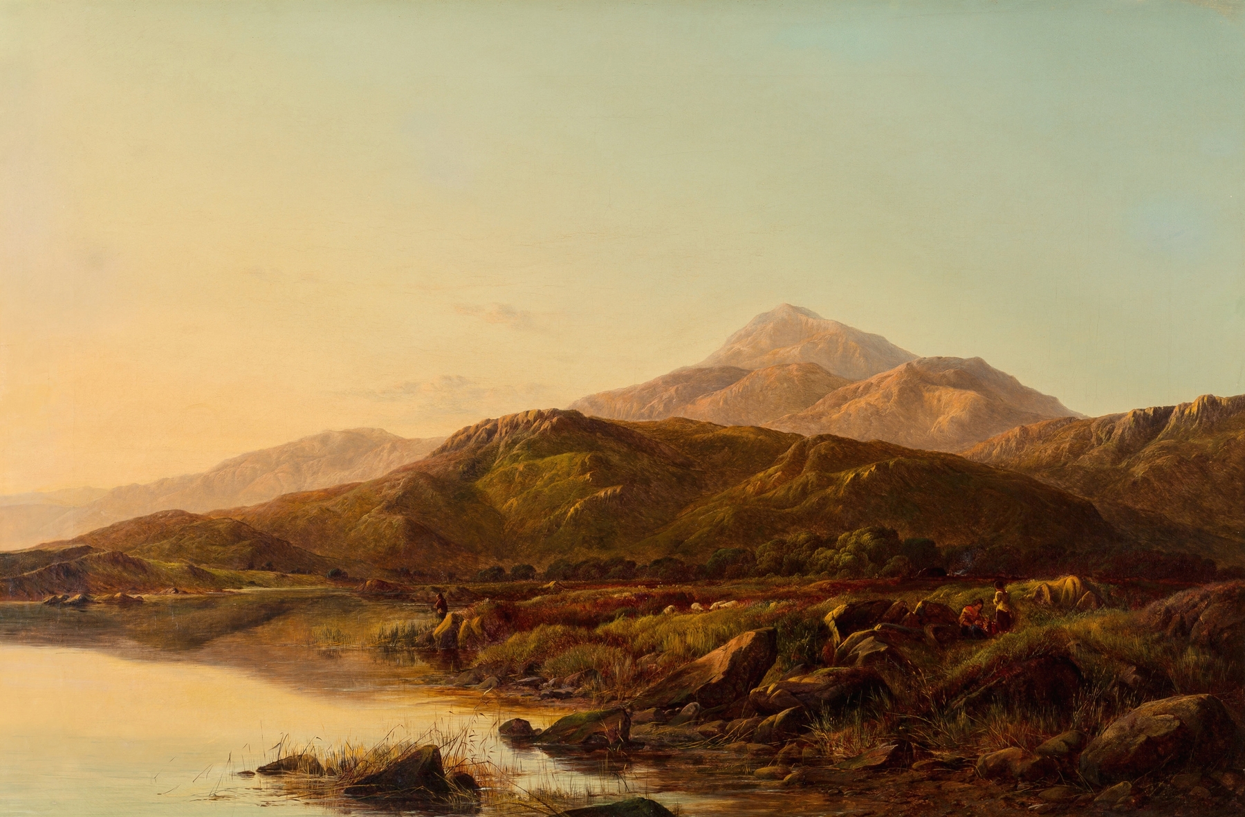 Oil painting by Sidney Richard Percy depicting a mountain lake reflecting twilight hues