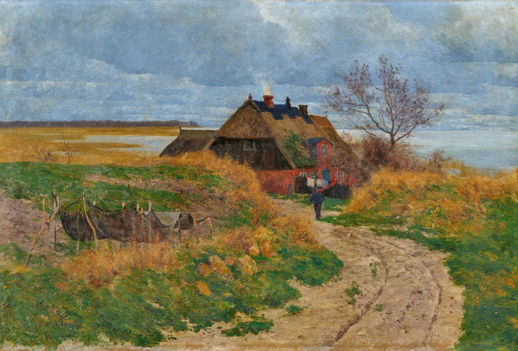 Einsames Fischerhaus by Paul Müller-Kaempff, oil on canvas depicting a fisherman's house near water