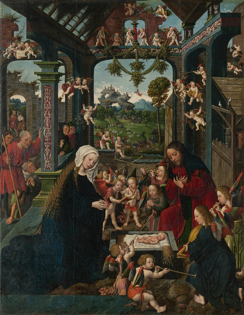 The Adoration of the Christ Child, oil on panel by Jacob Cornelisz van Oostsanen, depicting figures gathered in a stable.