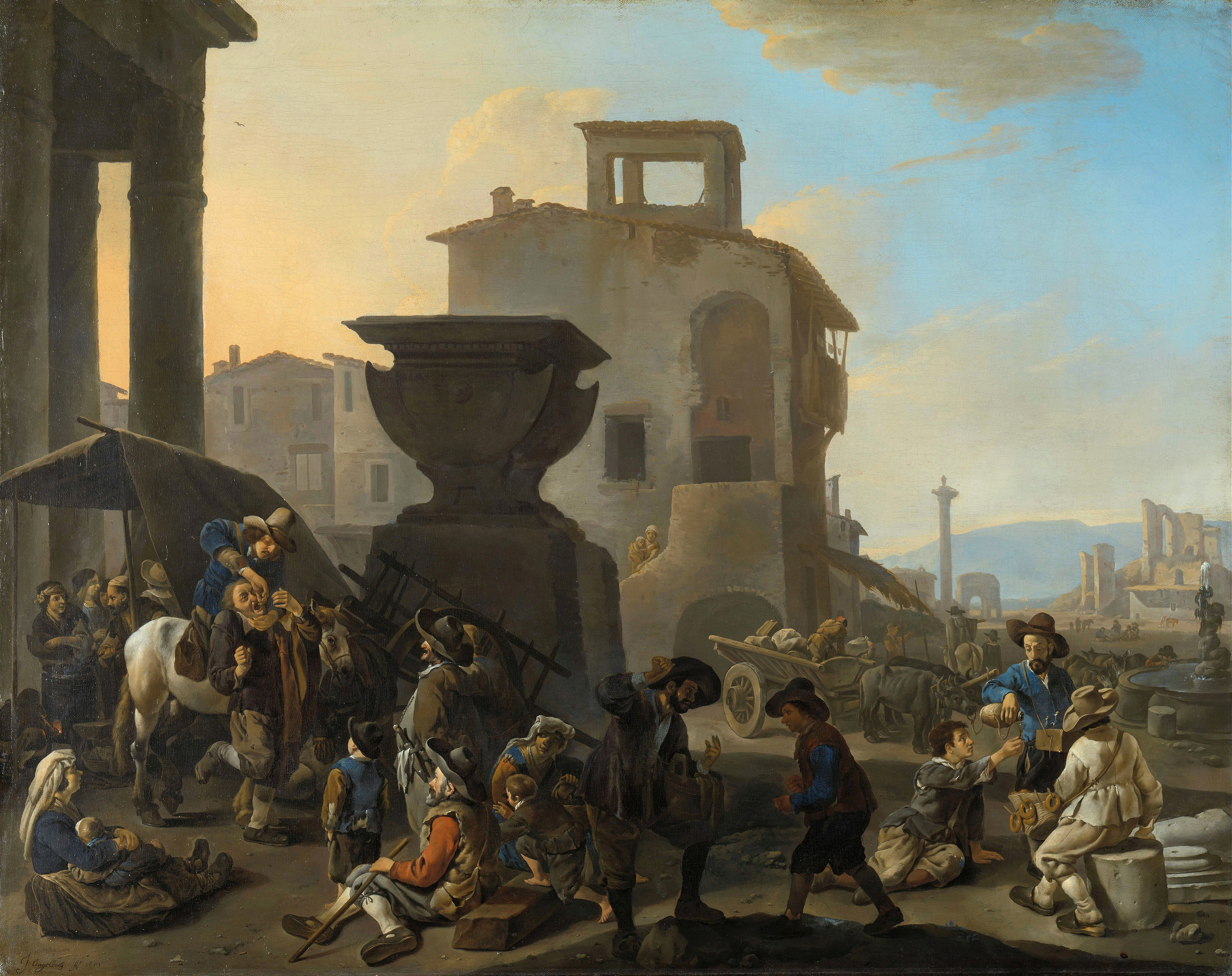 Italian Marketplace with a Quack Dentist, by Johannes Lingelbach, public domain