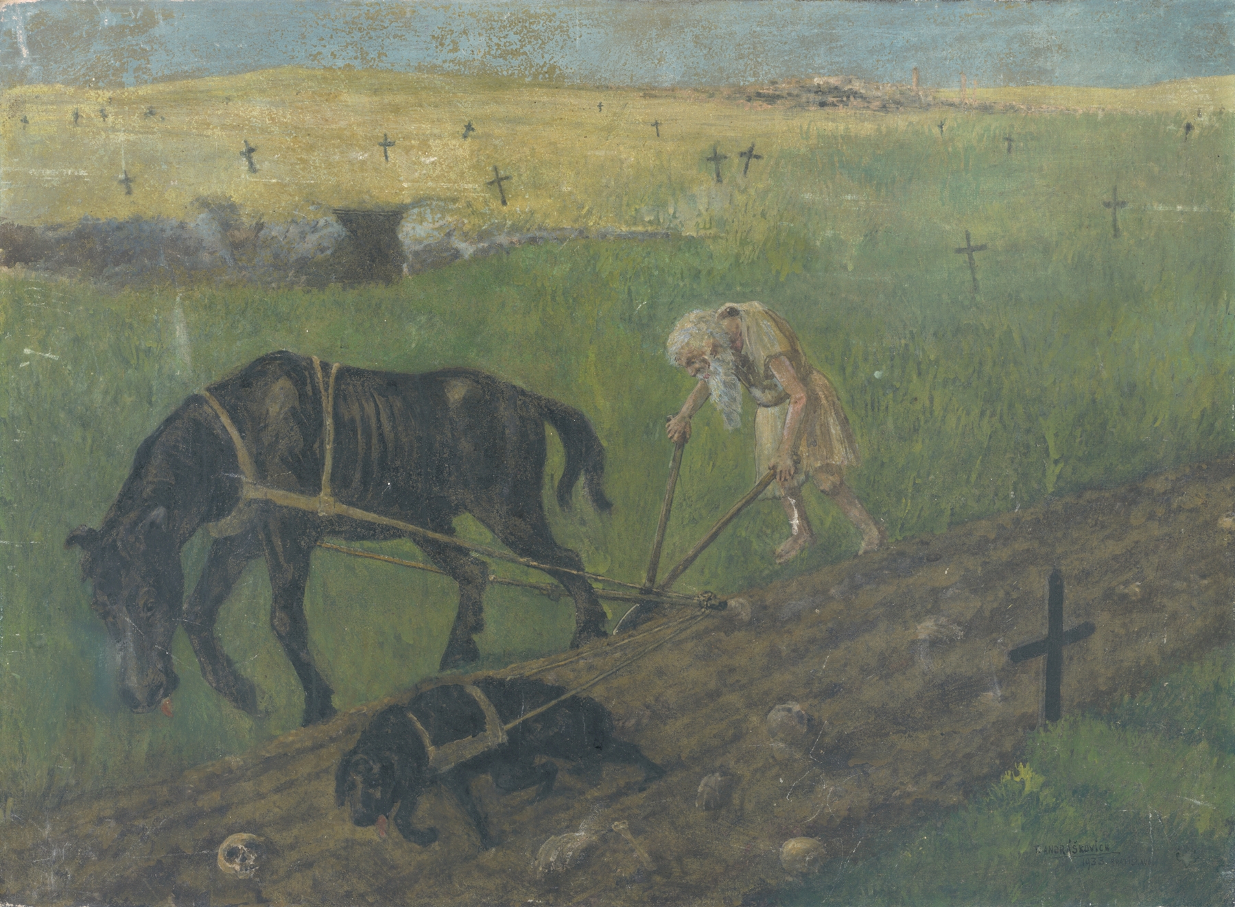 Figurative oil painting of a focused man working the soil by Tomáš Andraškovič, 1933