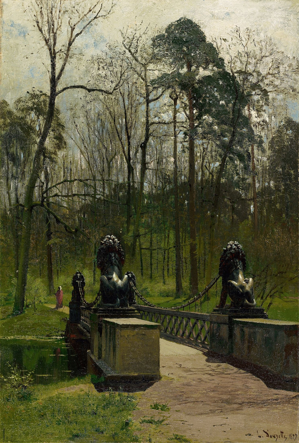Löwenbrücke im Tiergarten, oil on canvas by Louis Douzette, depicting a tranquil landscape with a bridge and water.