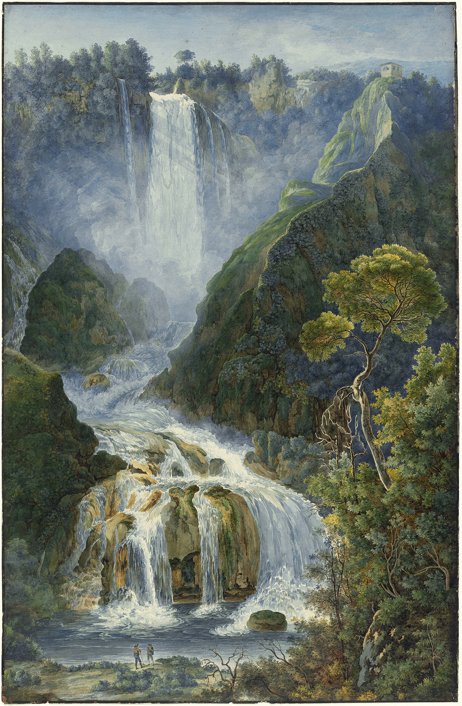 The Grand Waterfalls at Terni by Franz Kaisermann, oil painting of a waterfall with sunlight.