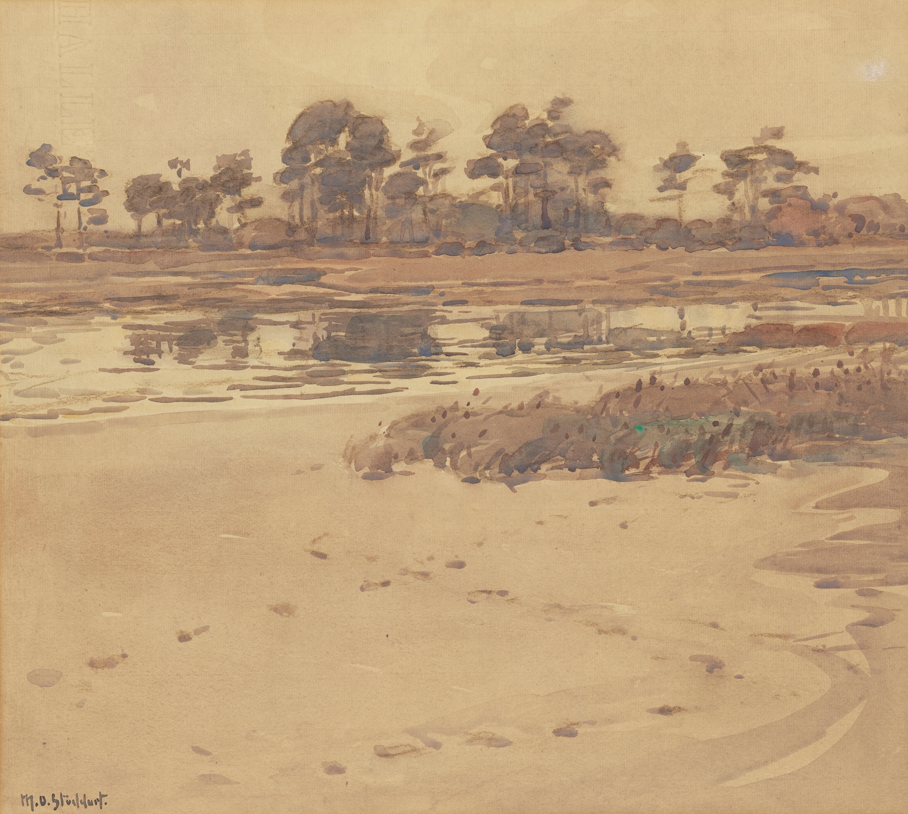 Estuary Shores by Margaret Stoddart, oil on canvas depicting a tranquil landscape with soft grasses.