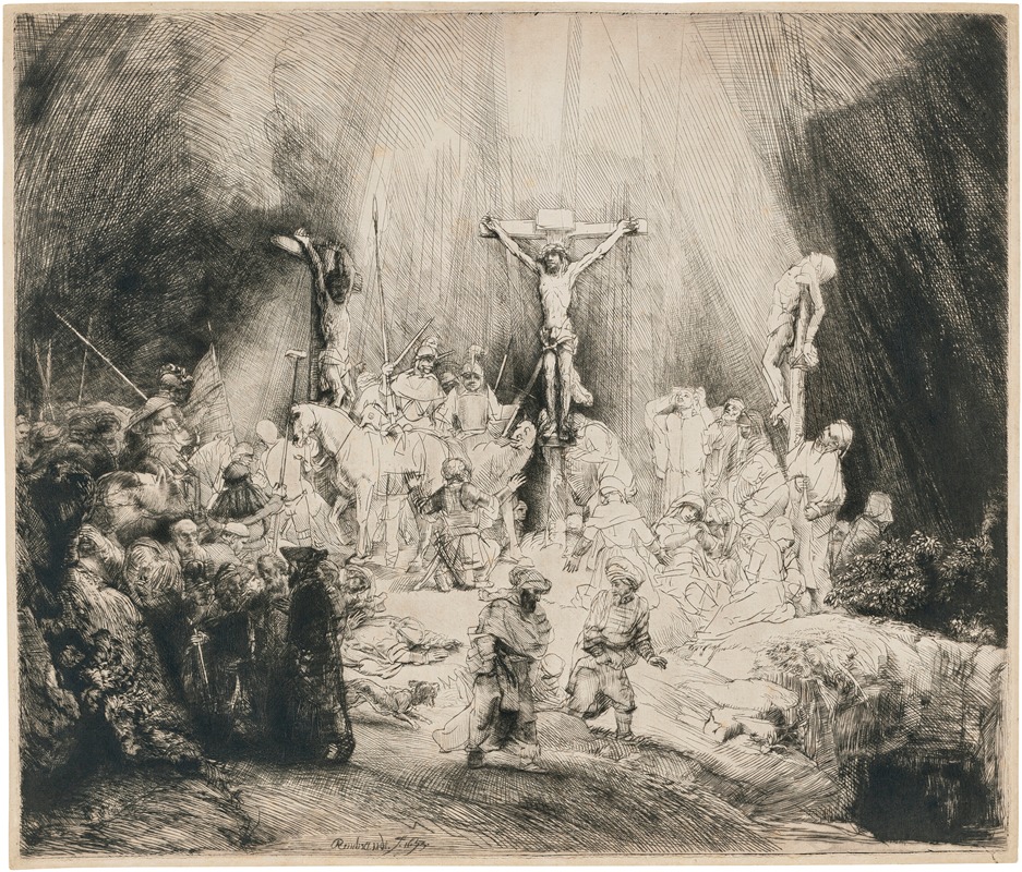 Rembrandt's 'The Three Crosses' depicts Christ crucified between two thieves.