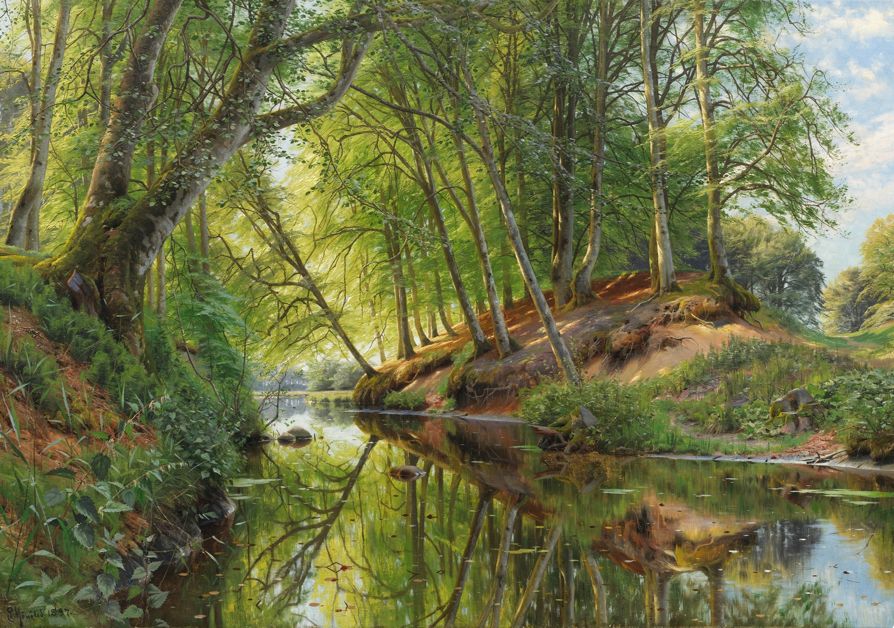 Flußlauf am Waldesrand, oil on canvas by Peder Mørk Mønsted, depicting a river flowing through a forest.