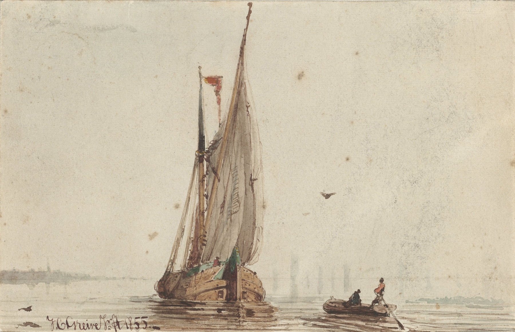 Sloep bij een zeilschip op het water, by Johan Conrad Greive, public domain