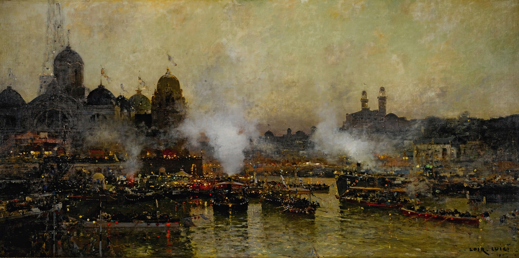 Les Quais De La Seine, oil painting by Luigi Loir, showcasing radiant water and urban architecture.