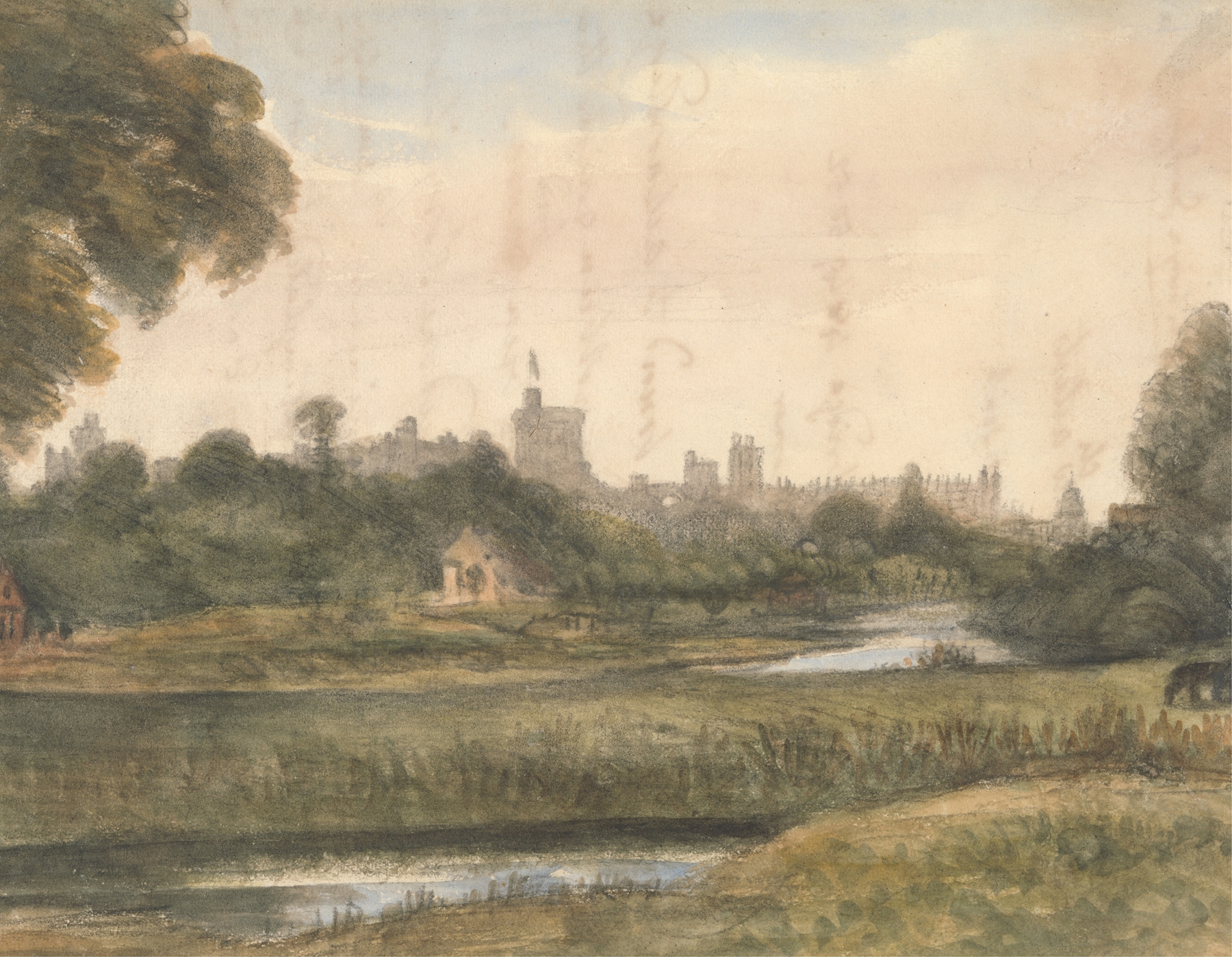 Landscape depicting a river at sunset by William Crotch