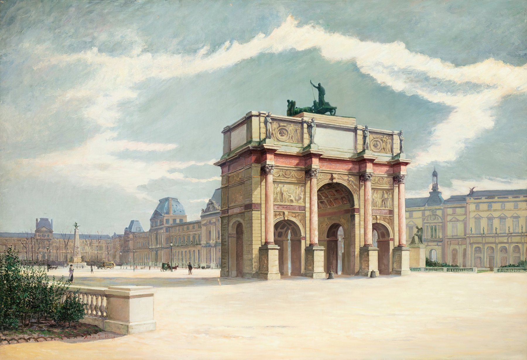 Architecture scene featuring the louvre and arc de triomphe by Achille La Nièce, medium unknown.