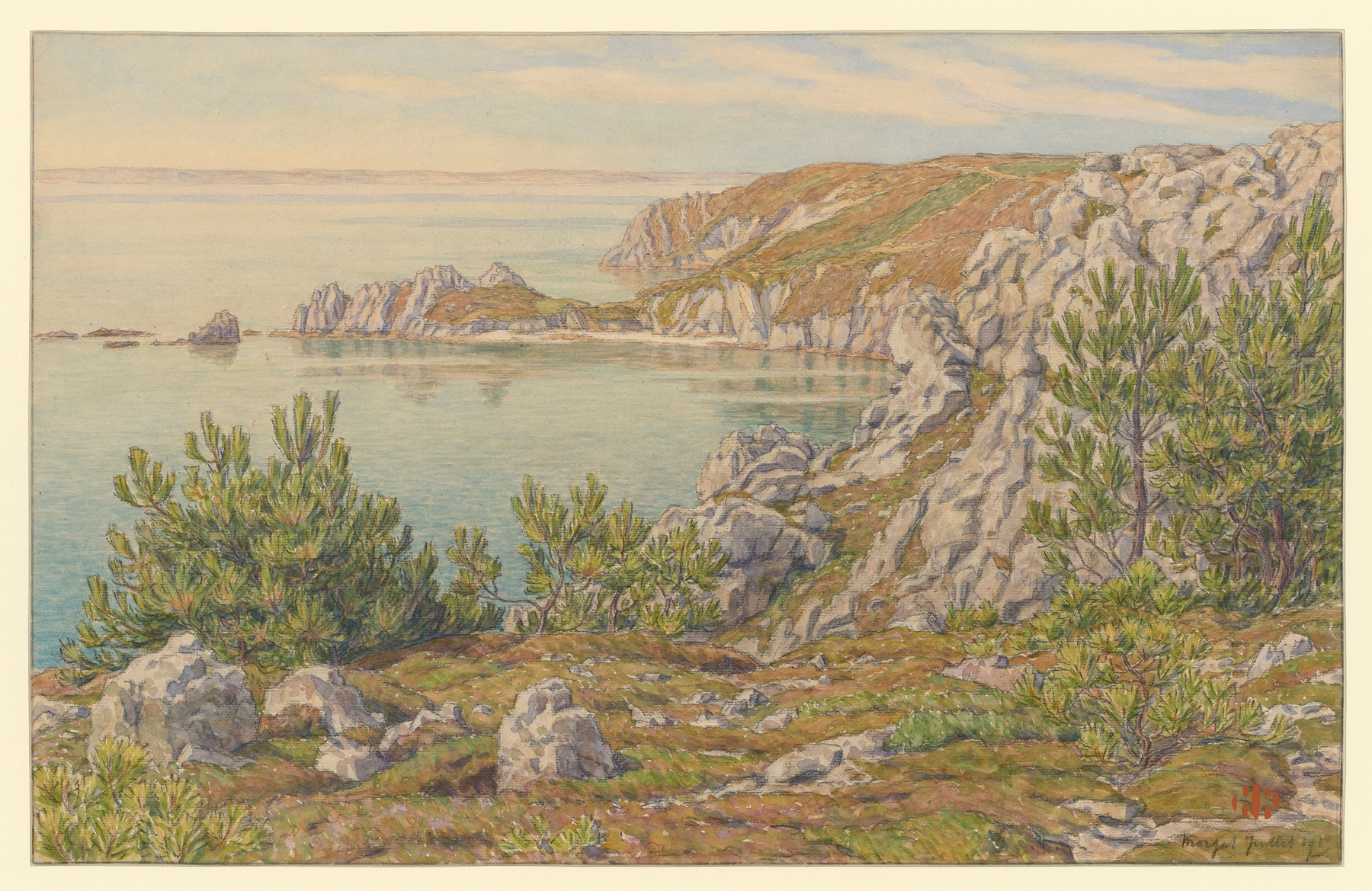 Marine scene by Henri Rivière, oil painting depicting a serene shoreline with gentle waves.