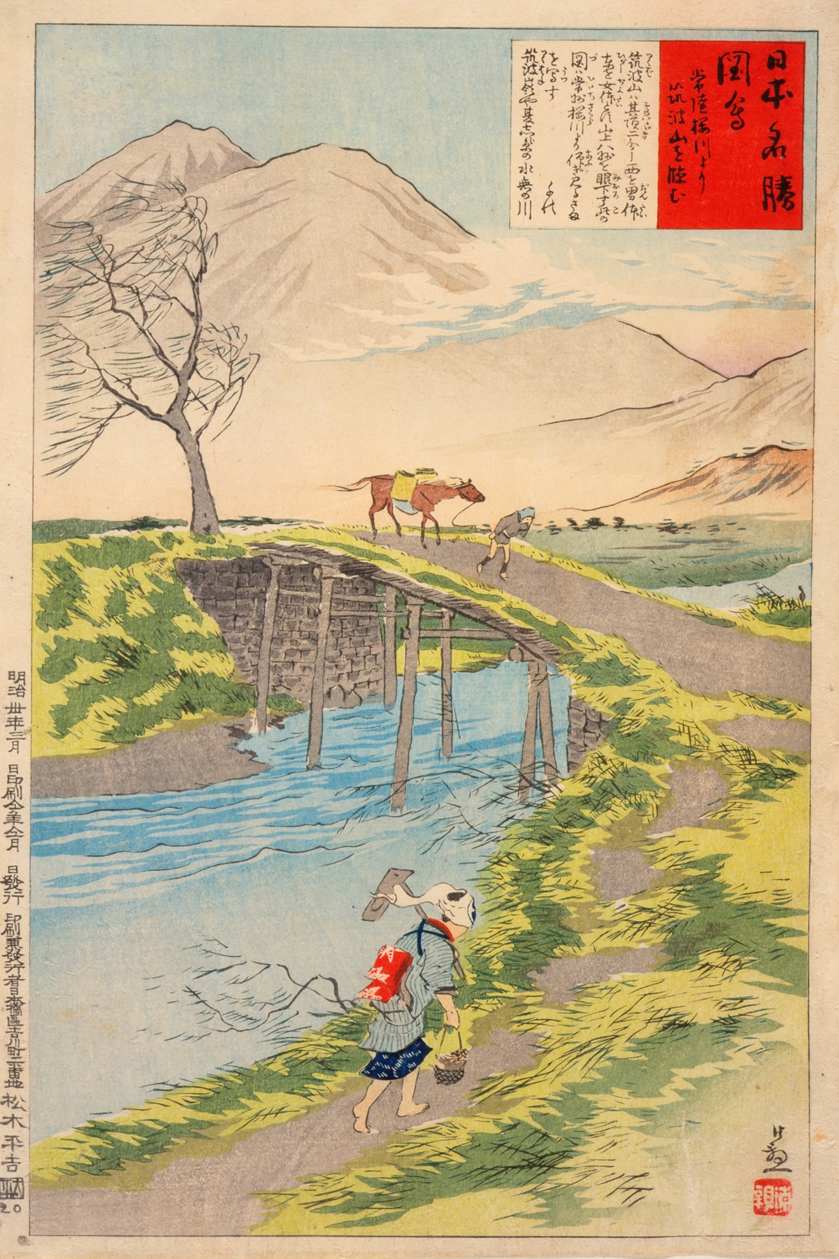 Ukiyo-e by Kobayashi Kiyochika depicting Tsukuba Mountain and Sakura River